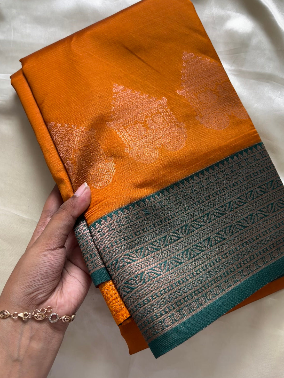 Unstitched premium half saree material(mango yellow with bottle green) (KR41)