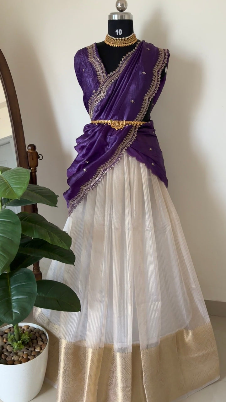 Unstitched half saree material(violet)