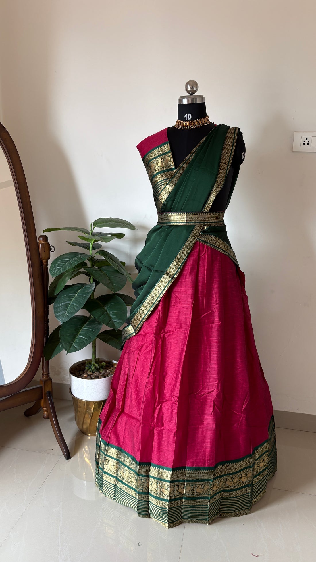 Kanchi cotton Semi stitched half saree (pink with bottle green)
