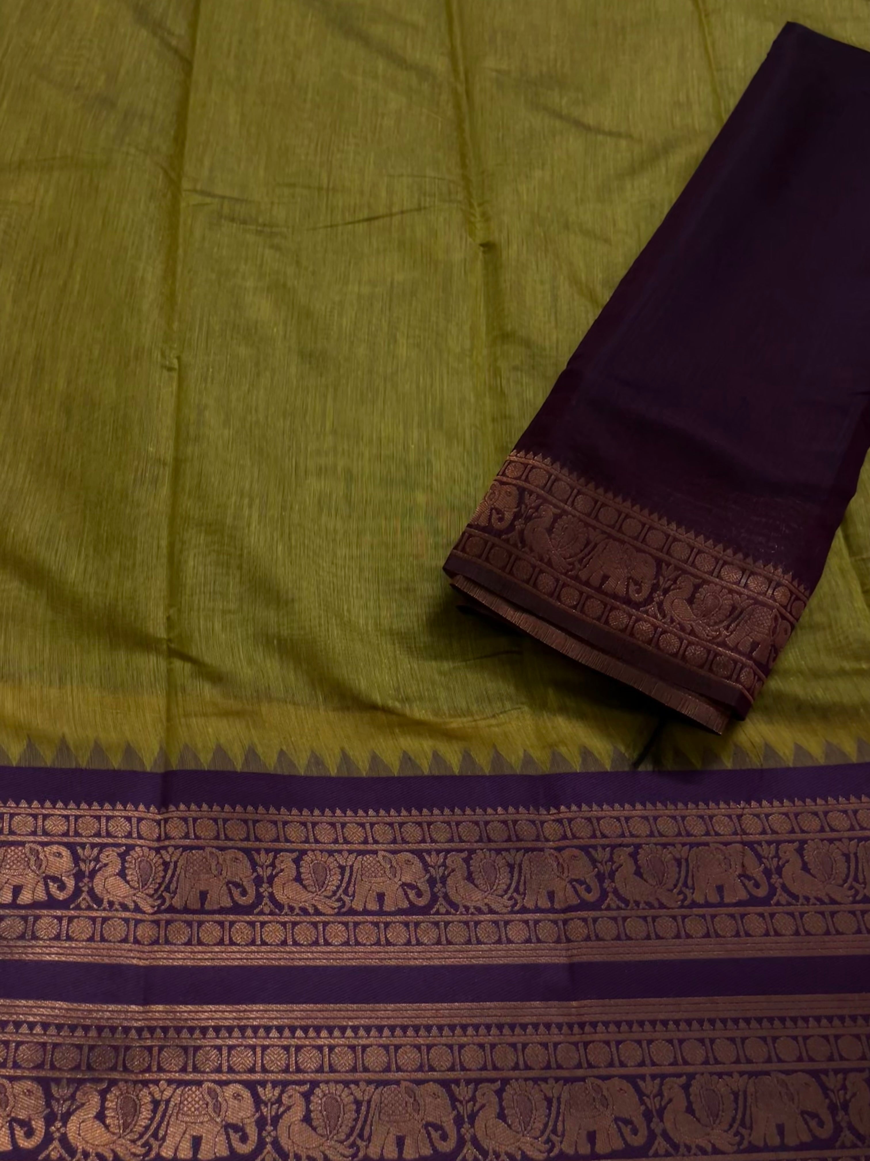 Unstitched semi Kanchi cotton  half saree material(olive green with purple) (KR34)