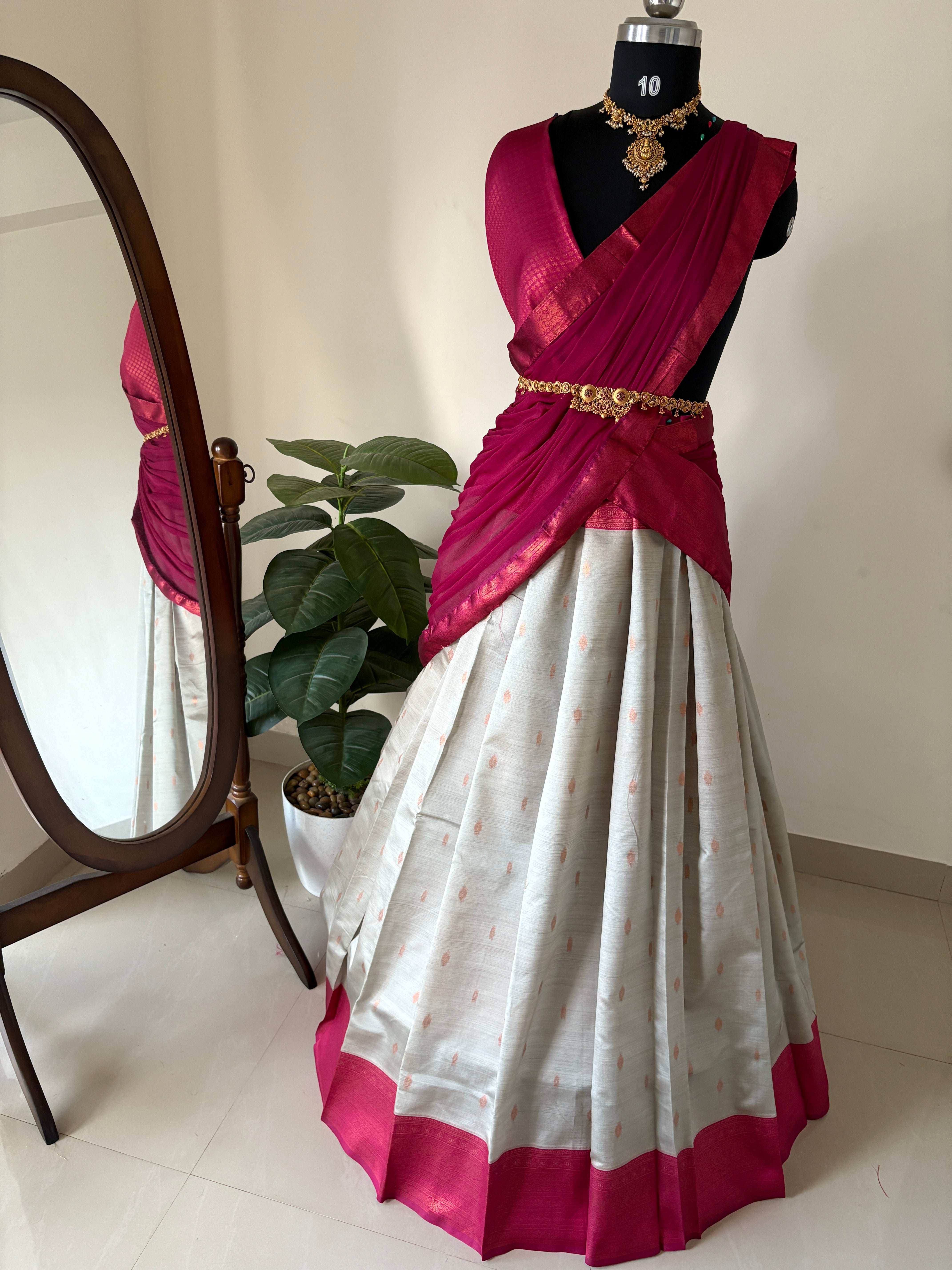 Unstitched premium half saree material grey with magenta pink(KR74)