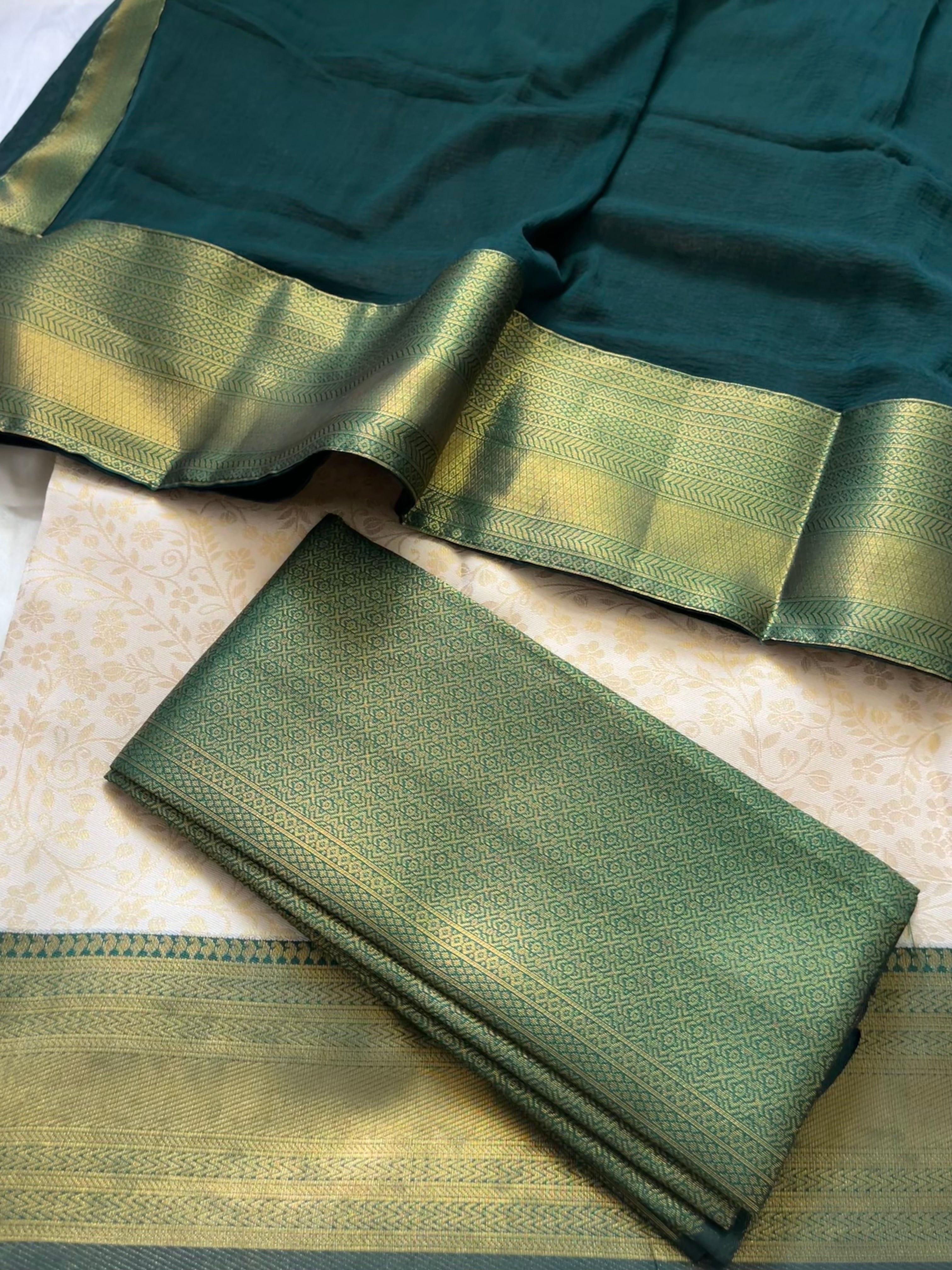 Unstitched premium half saree material(bottle green)