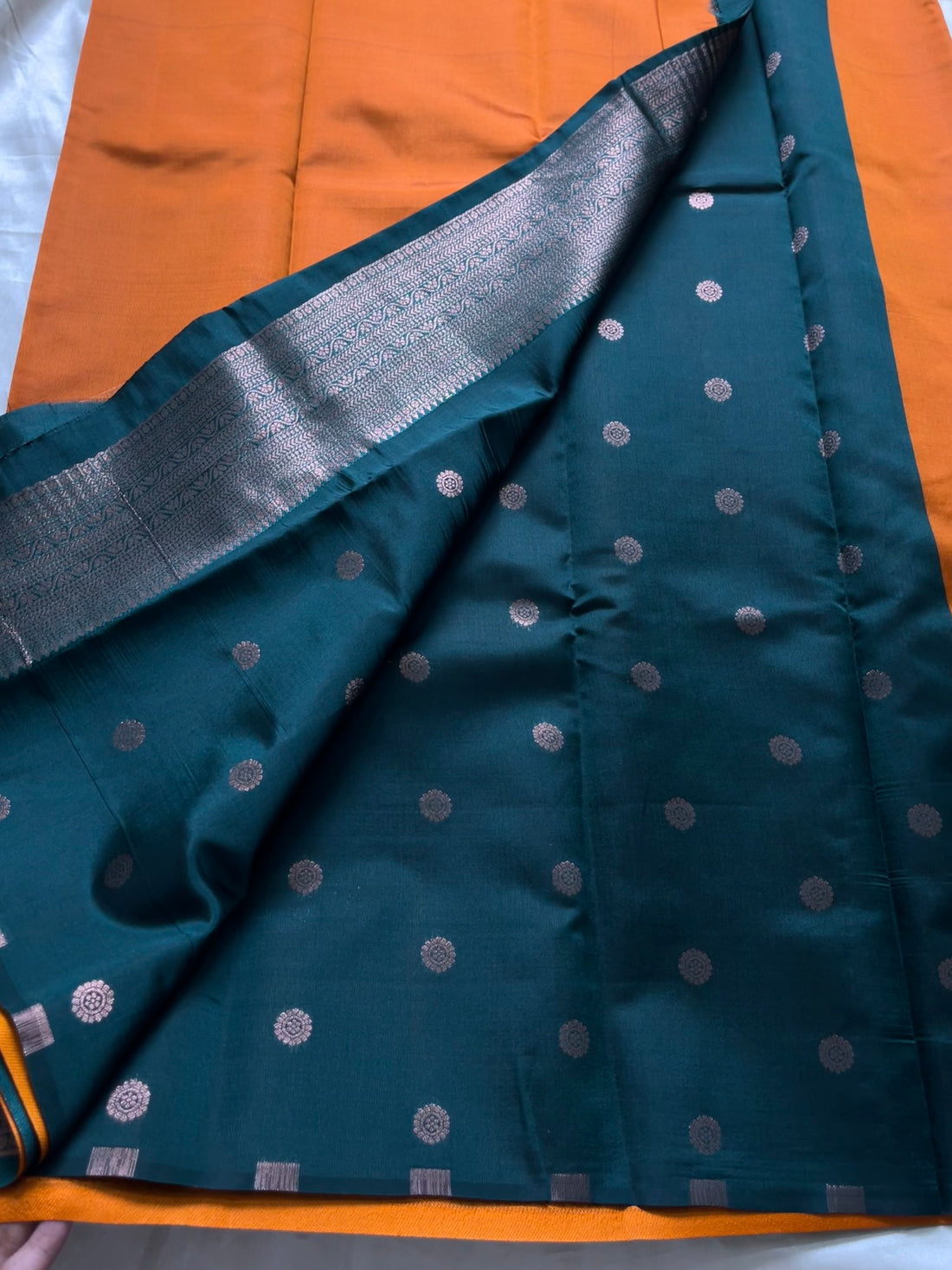 Unstitched premium half saree material(mango yellow with bottle green) (KR41)