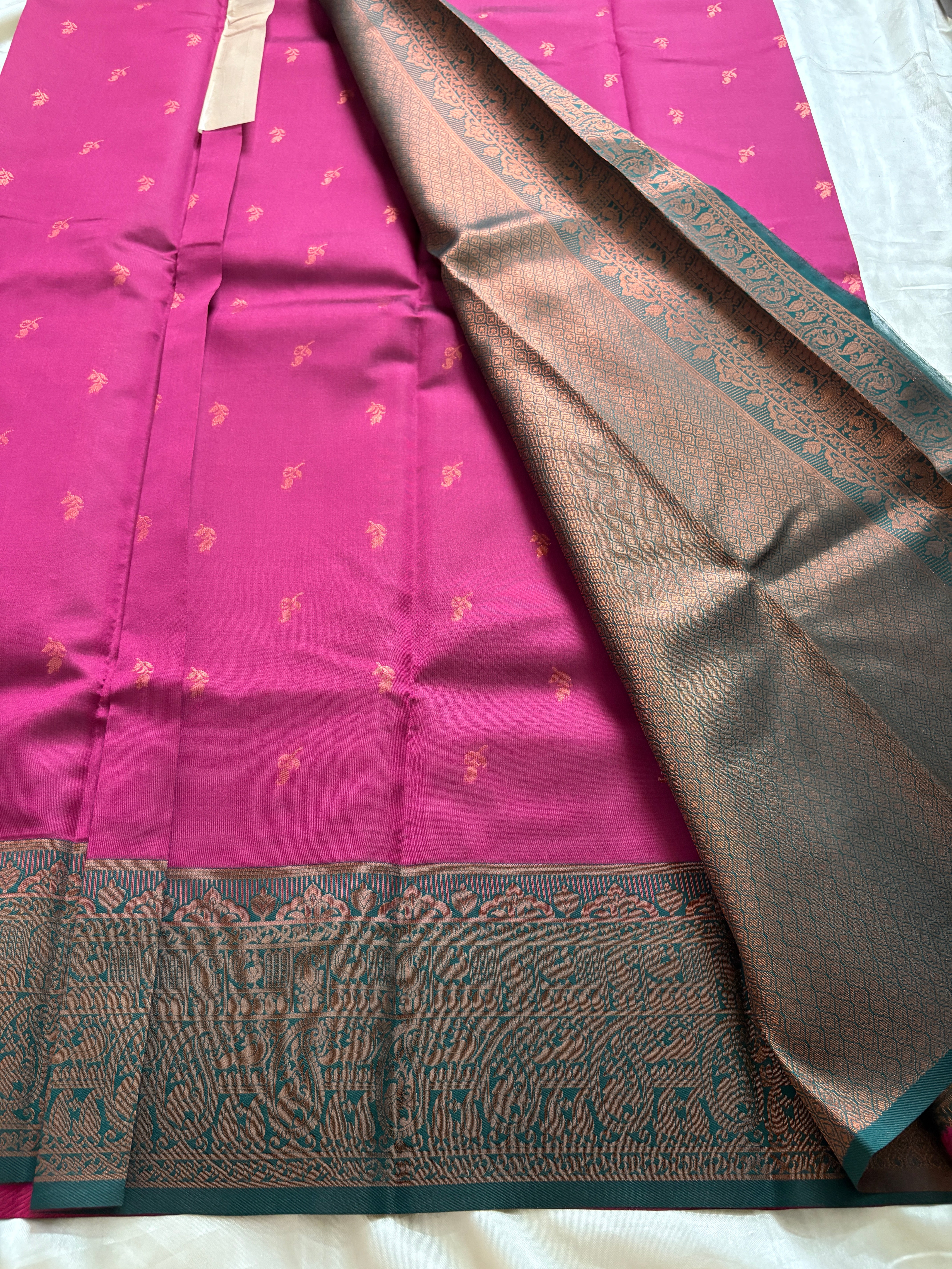 Unstitched premium half saree material pink with bottle green (KR73)