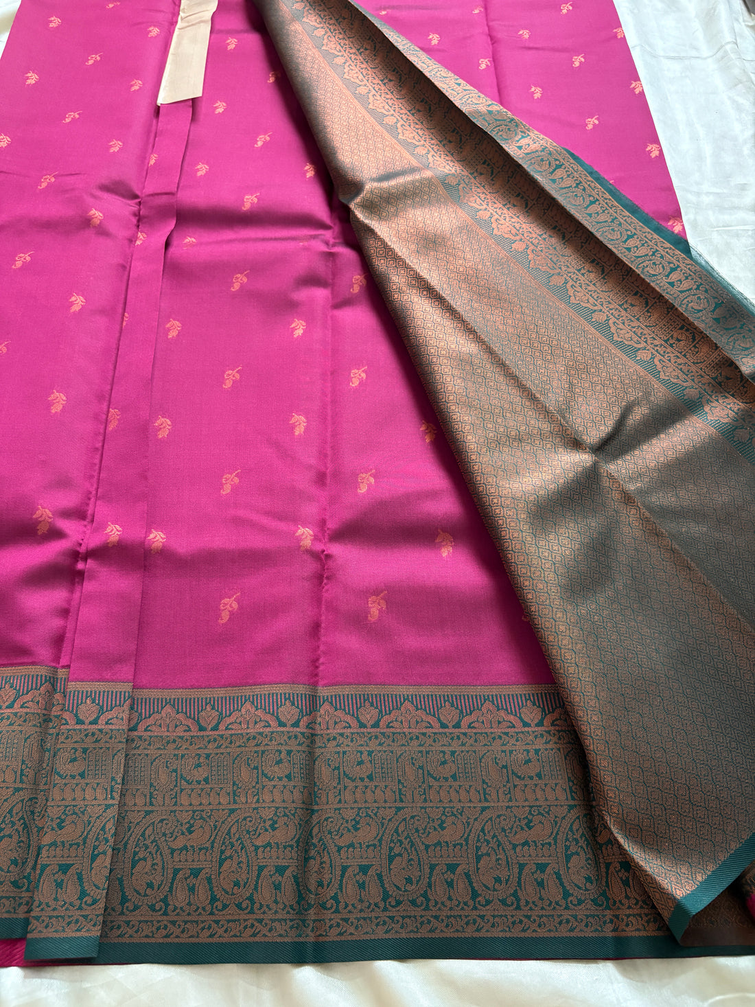 Unstitched premium half saree material pink with bottle green (KR73)