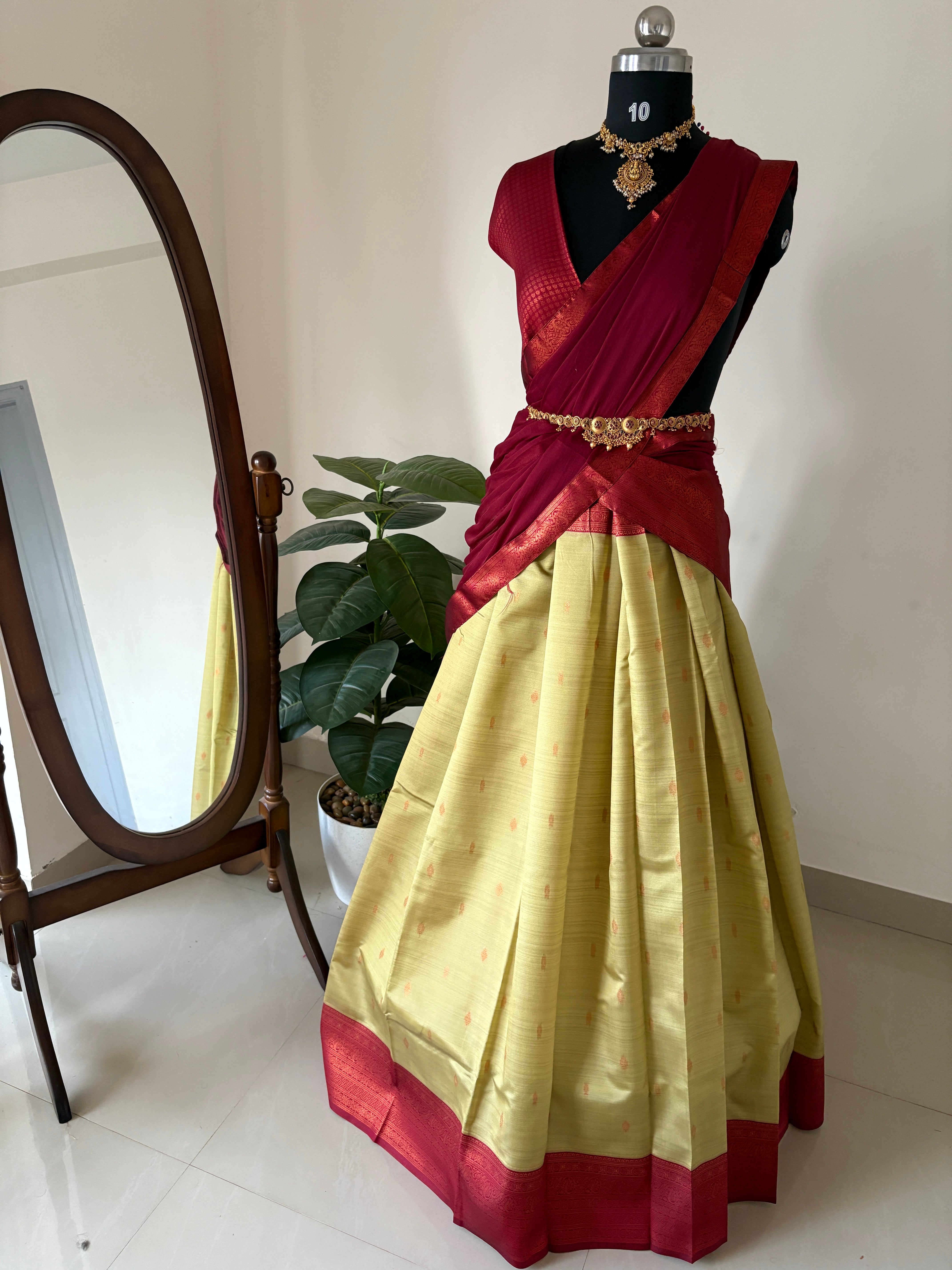 Unstitched premium half saree material pale yellow with maroon(KR75)