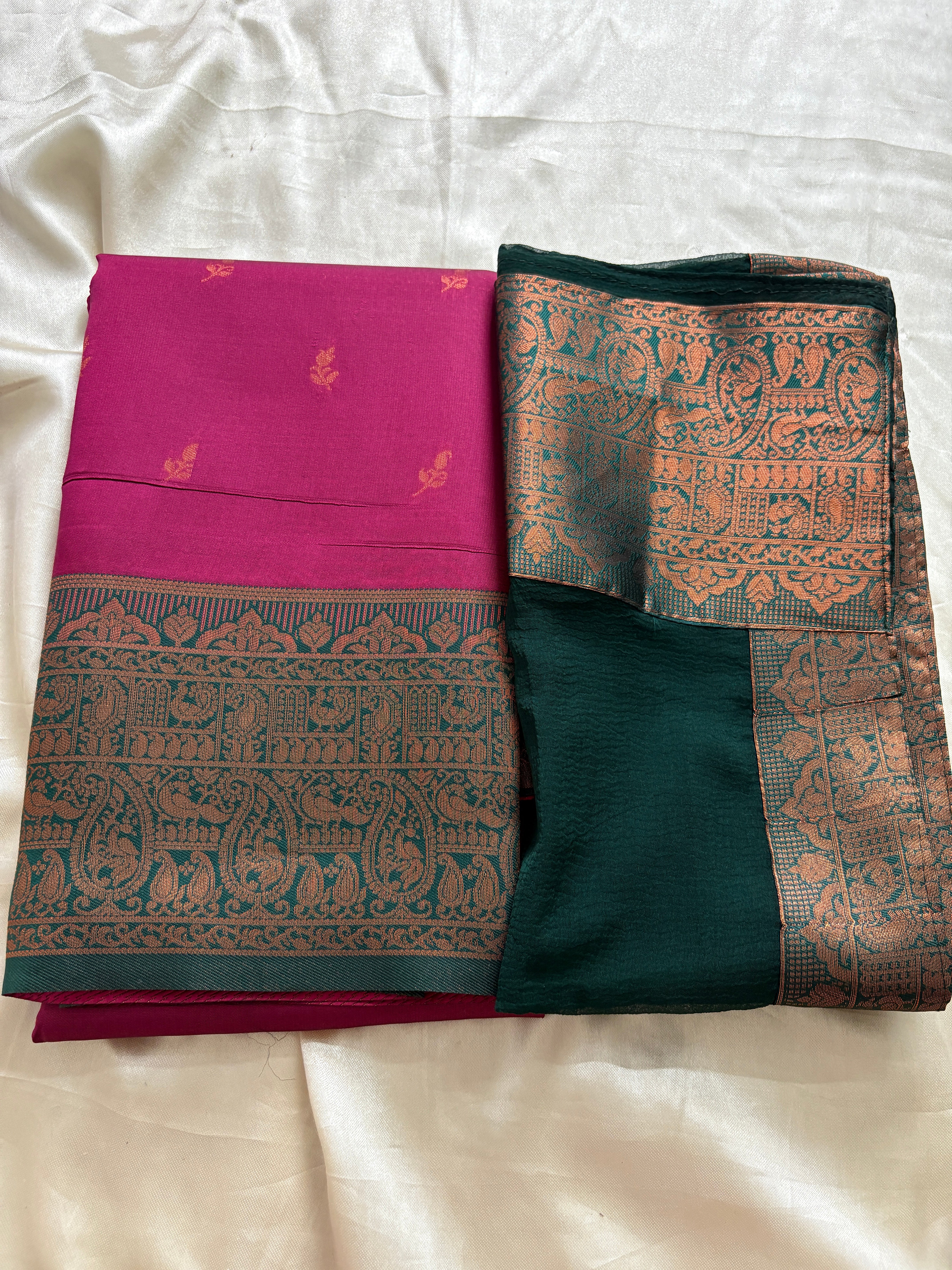 Unstitched premium half saree material pink with bottle green (KR73)