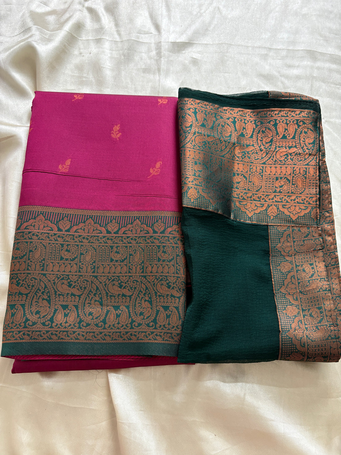 Unstitched premium half saree material pink with bottle green (KR73)