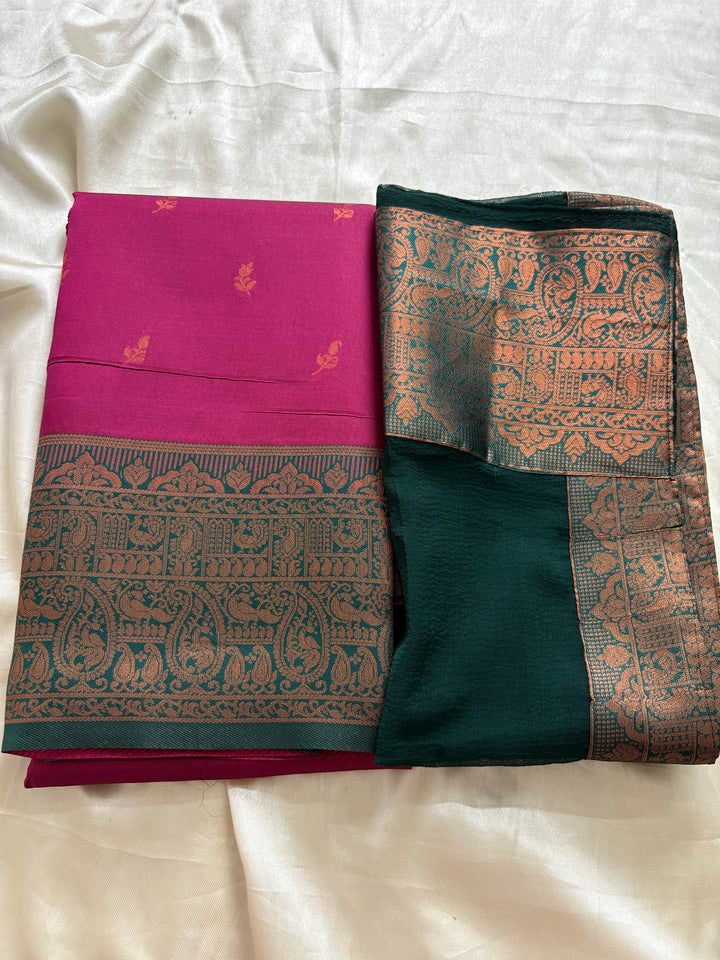 Unstitched premium half saree material pink with bottle green (KR73)