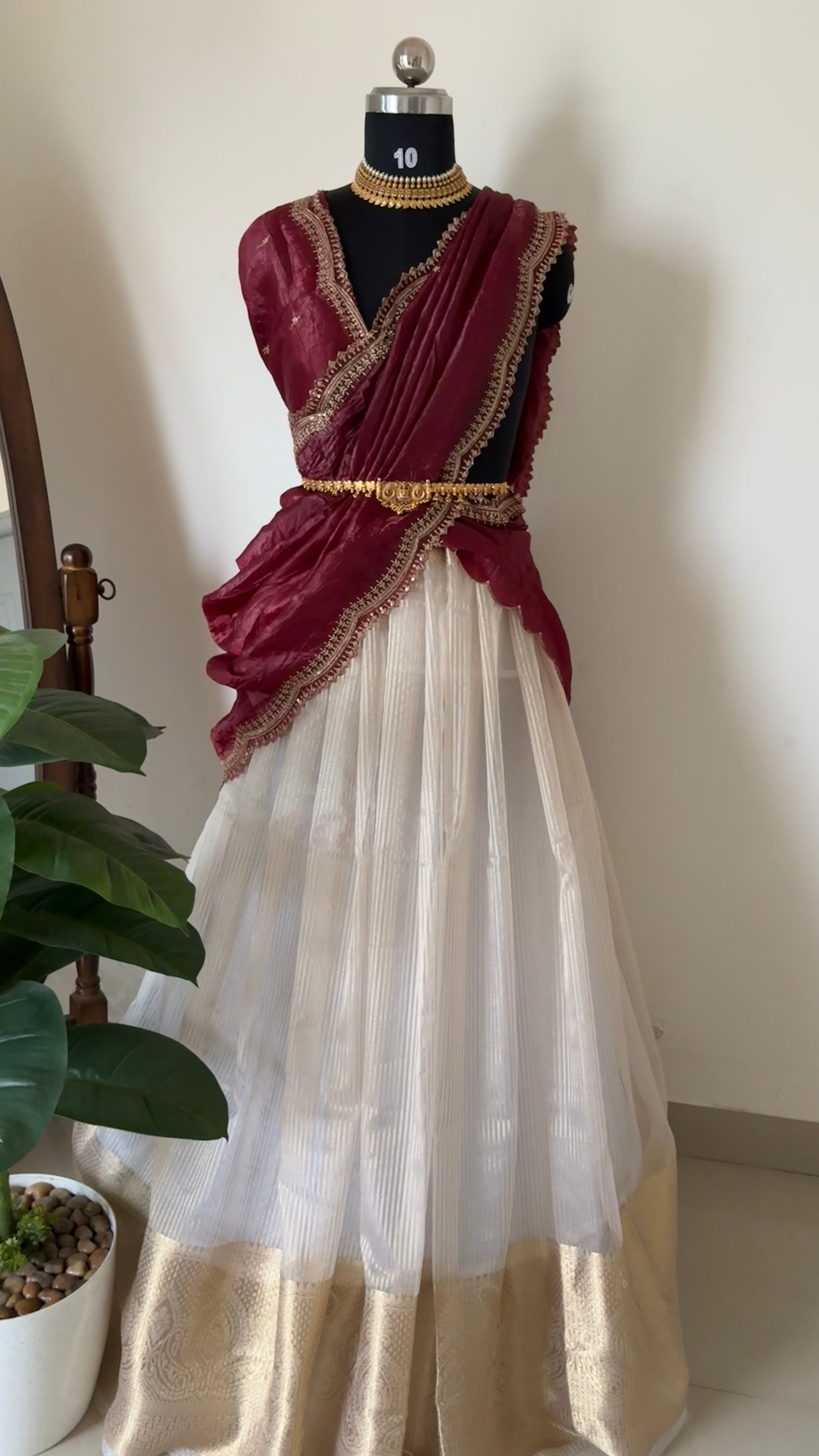 Unstitched half saree material(maroon)