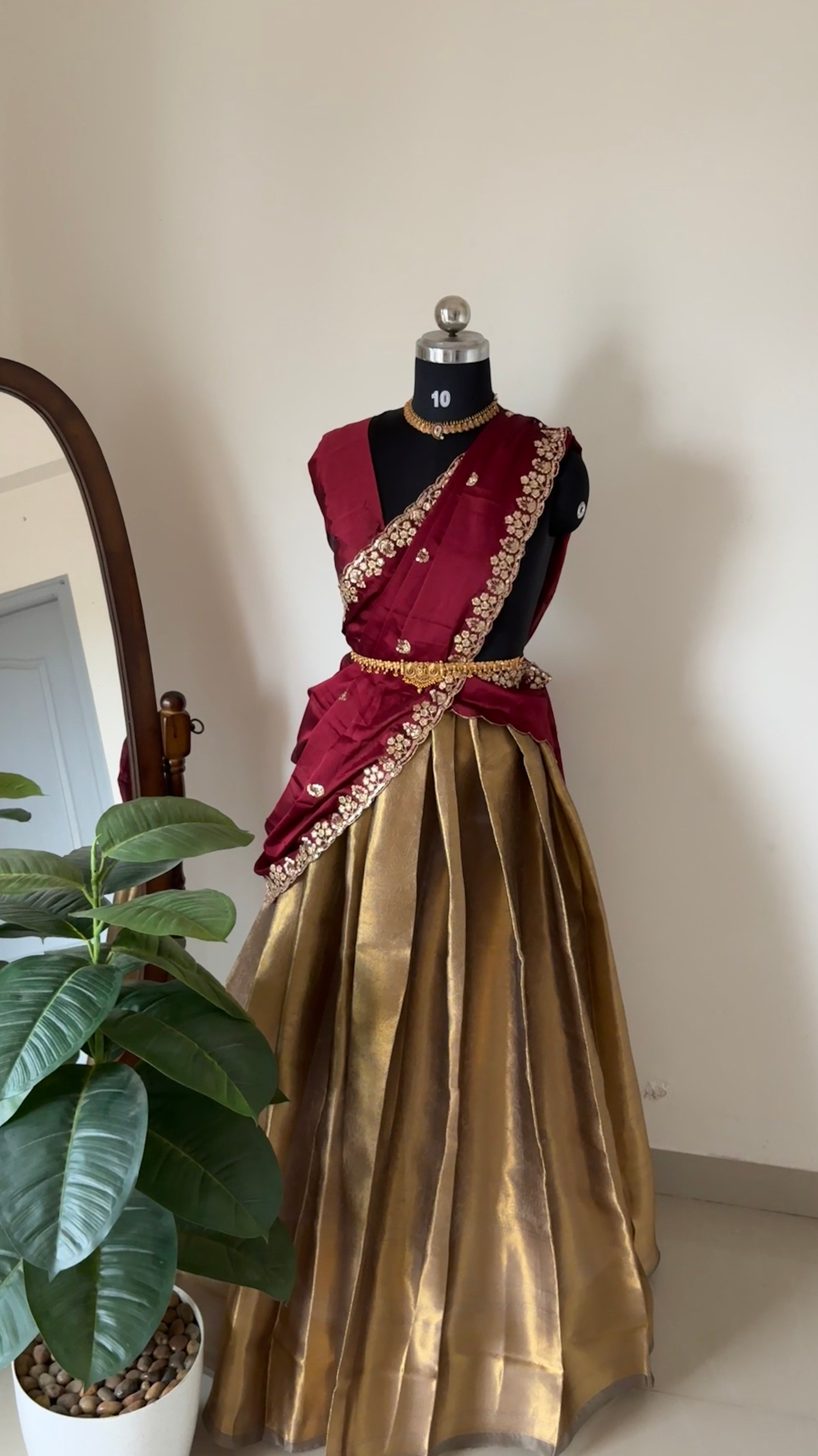 Unstitched half saree material ( antique with deep maroon)
