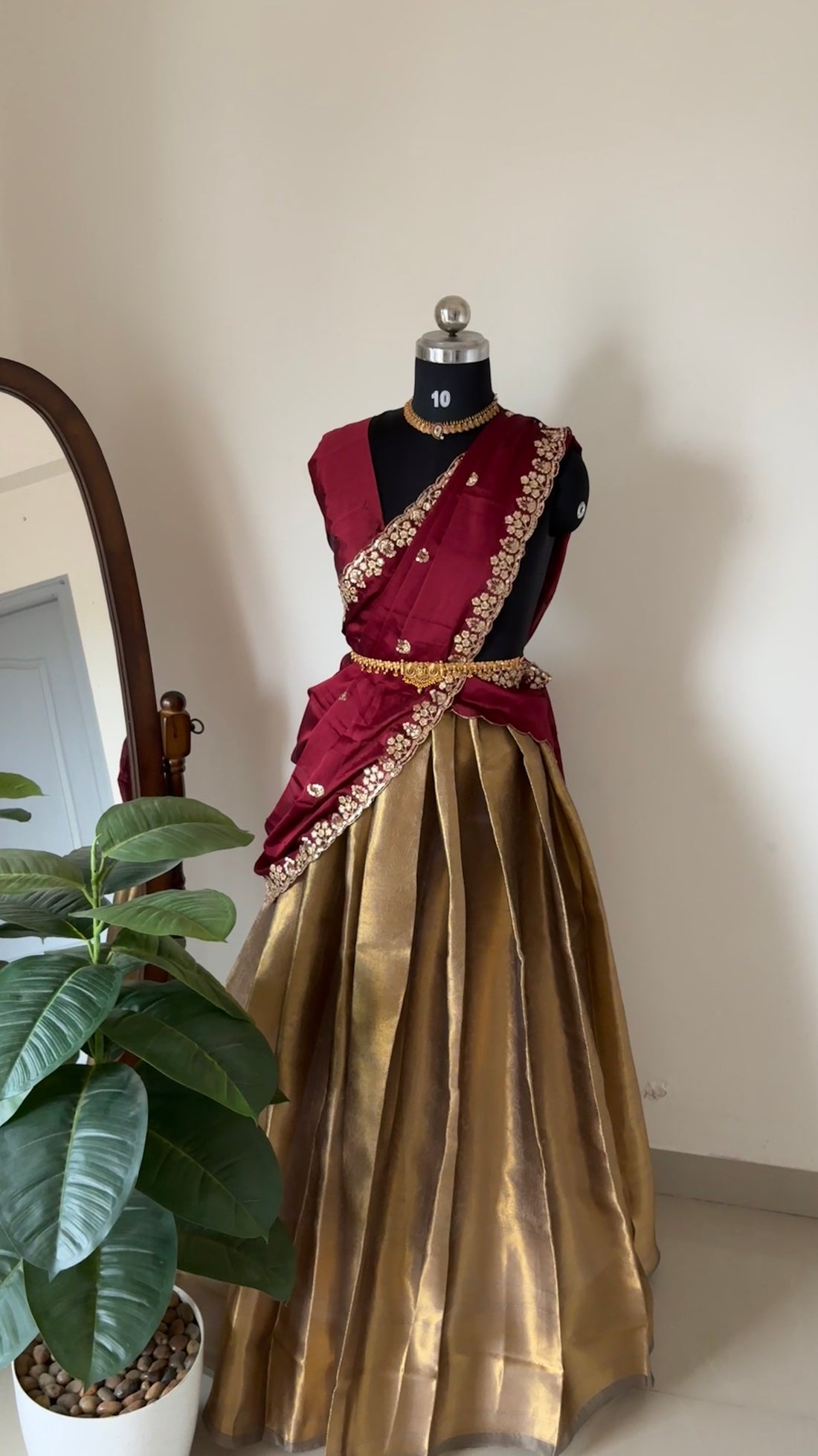 Unstitched half saree material ( antique with deep maroon)