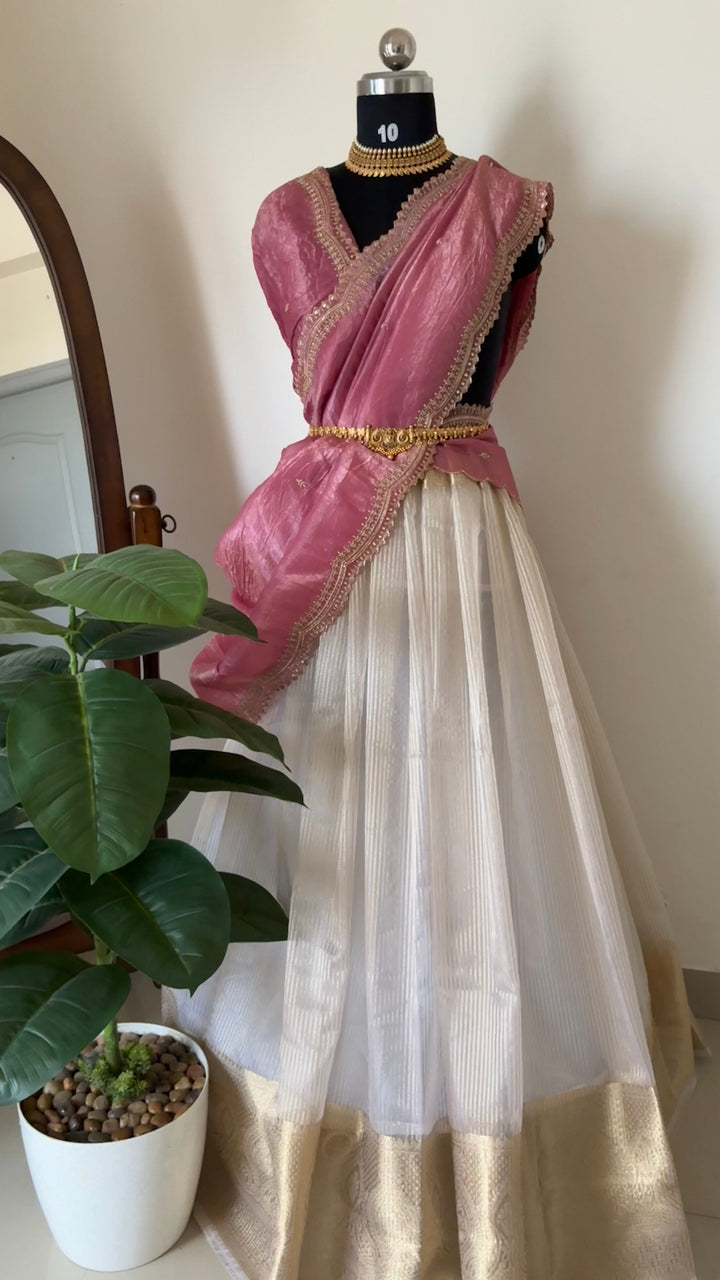 Unstitched half saree material(onion pink)