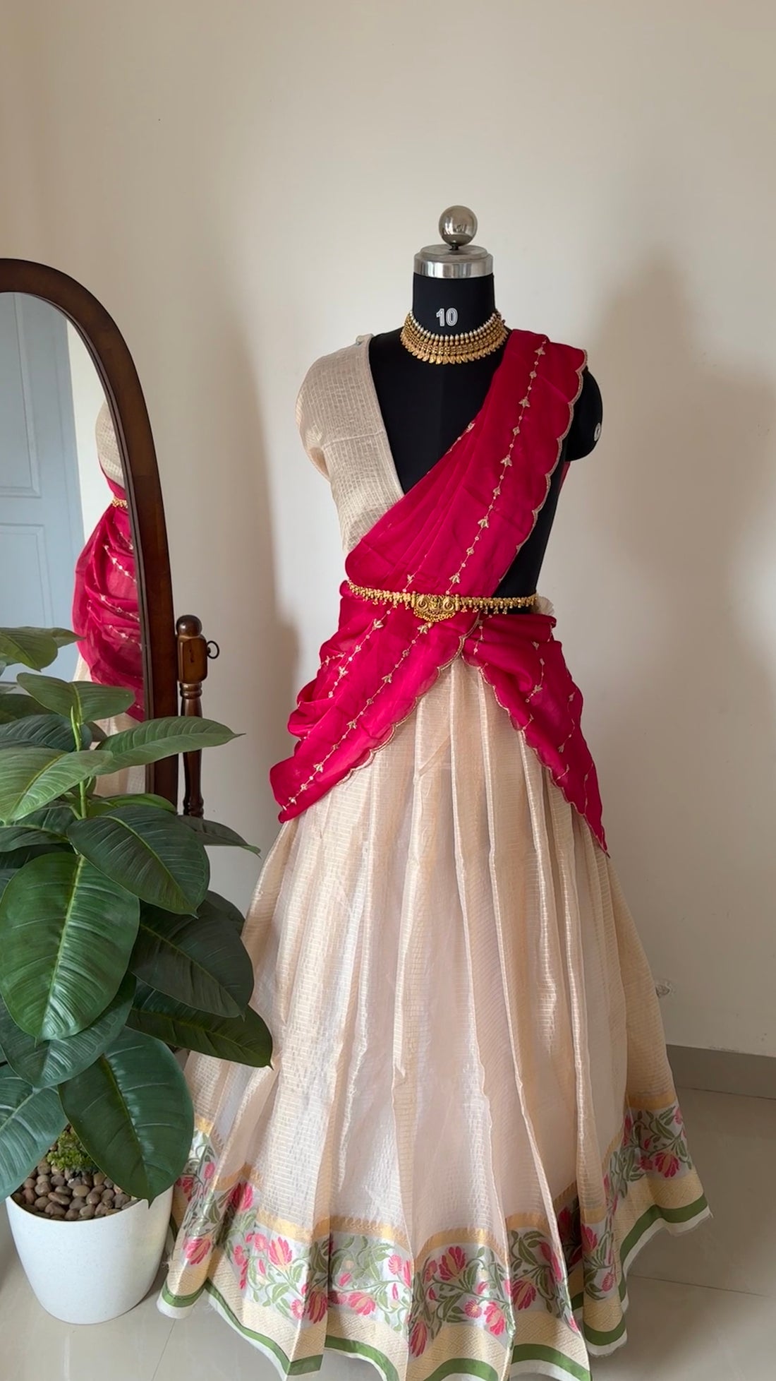 Unstitched half saree material golden beige with pink