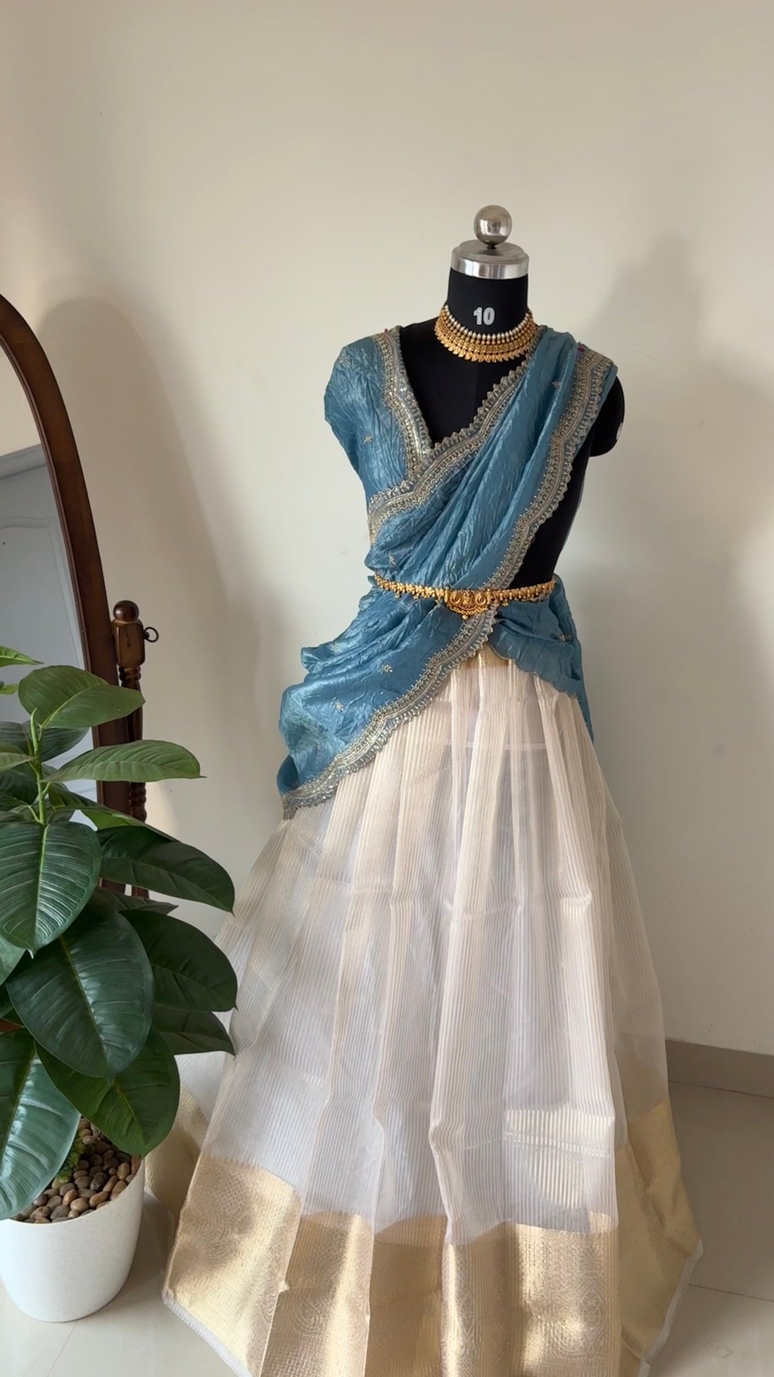 Unstitched half saree material(steel blue) KR 13