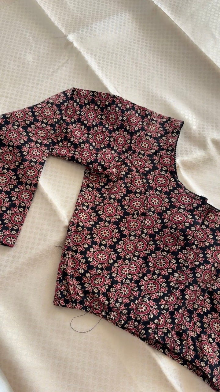 Kalamkari Ajrak printed stretchable blouse XL ( full sleeve )