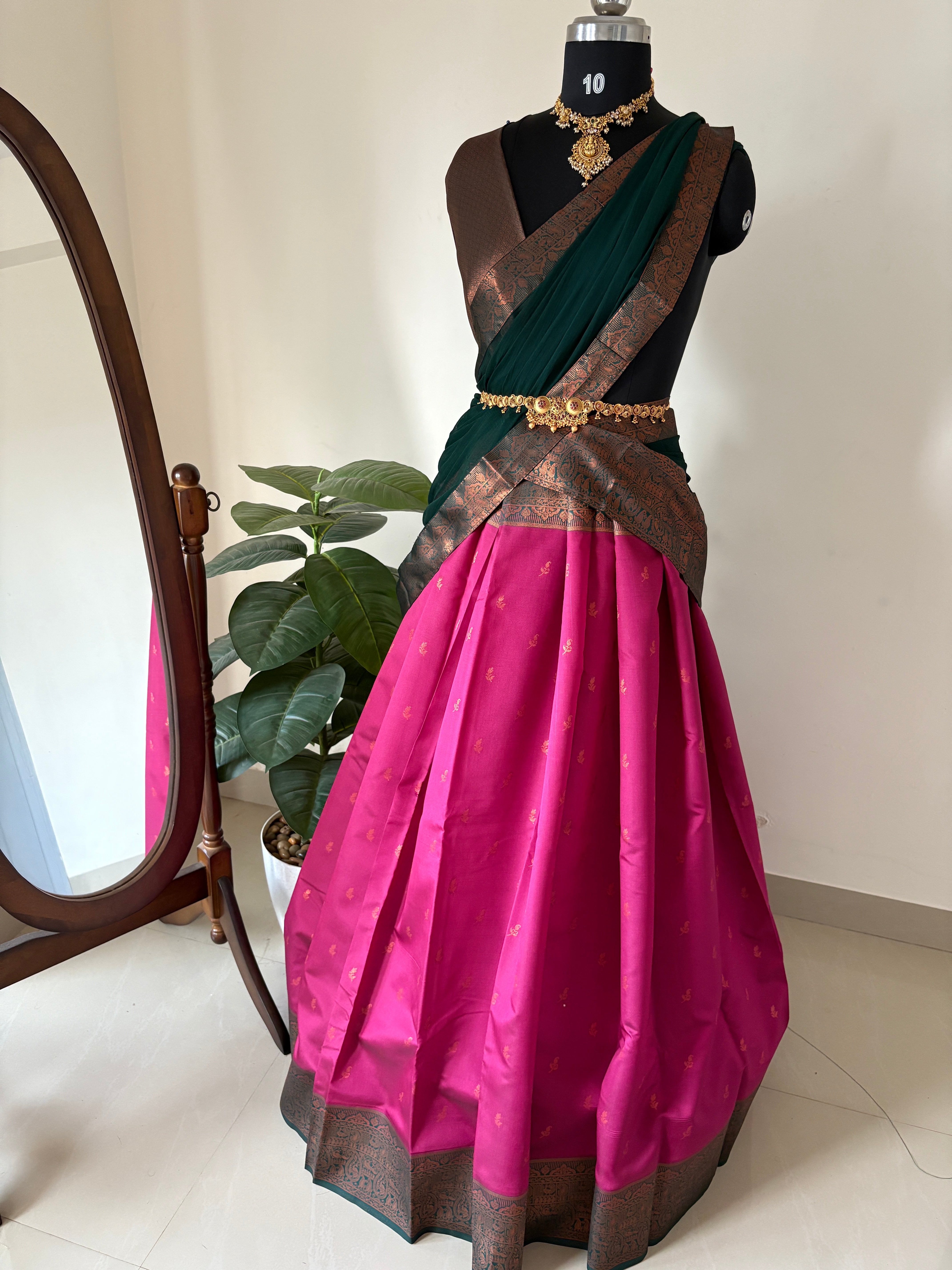 Unstitched premium half saree material pink with bottle green (KR73)