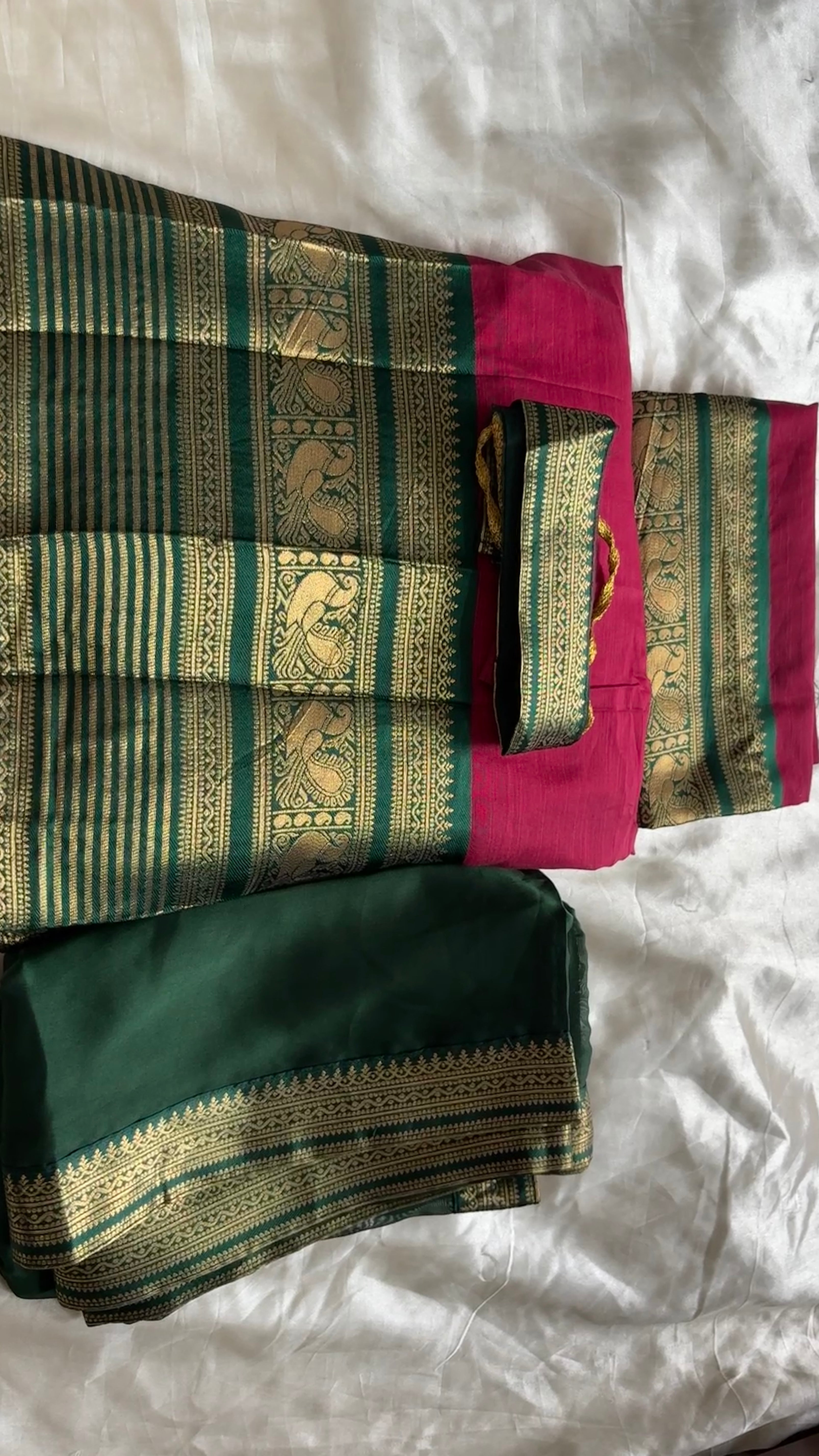 Kanchi cotton Semi stitched half saree (pink with bottle green)