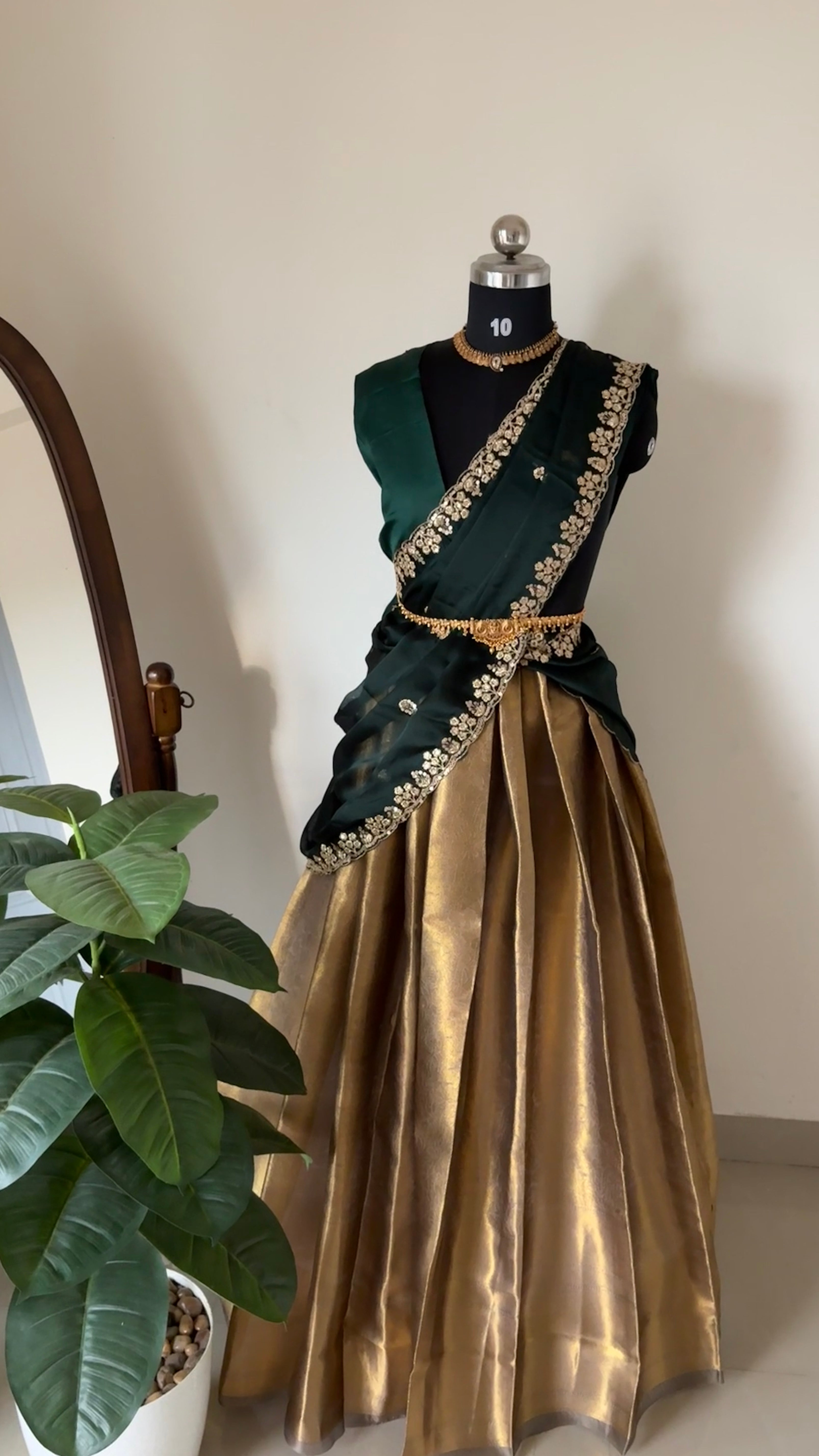 Unstitched half saree material ( antique with deep green)