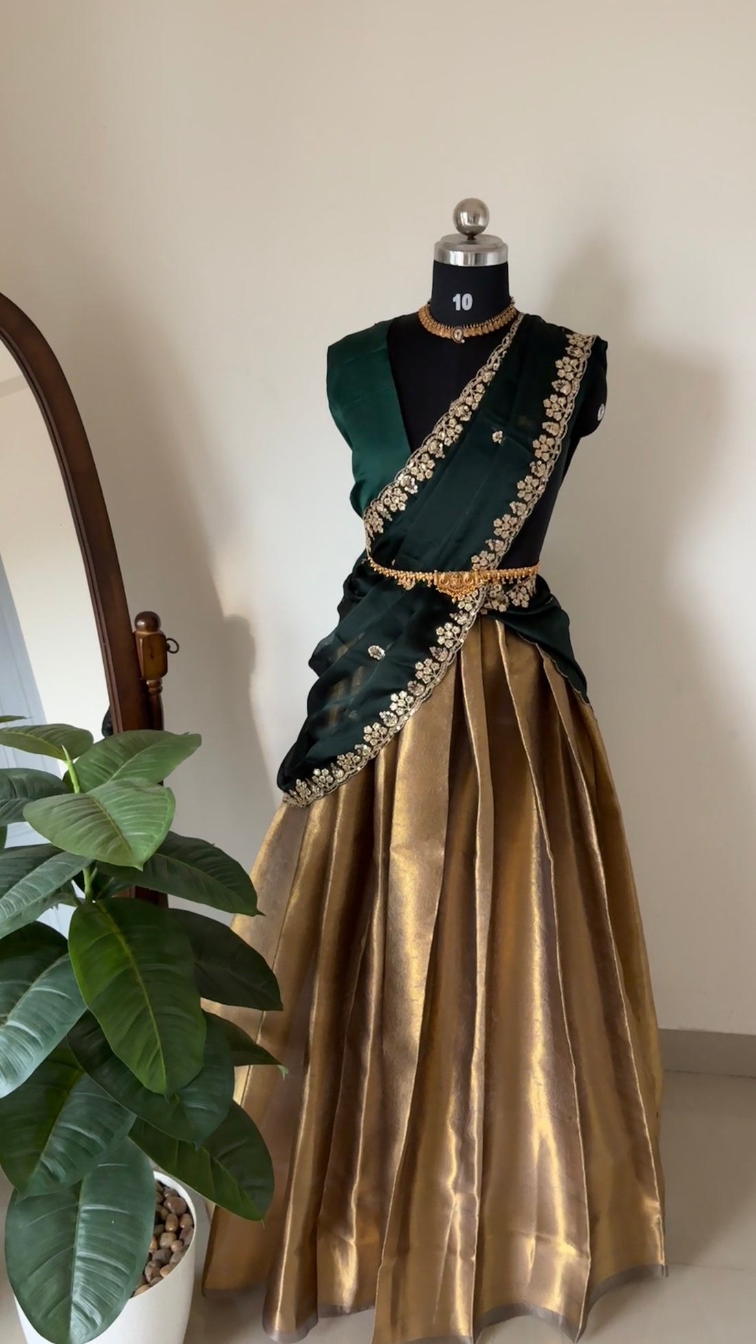 Unstitched half saree material ( antique with deep green)