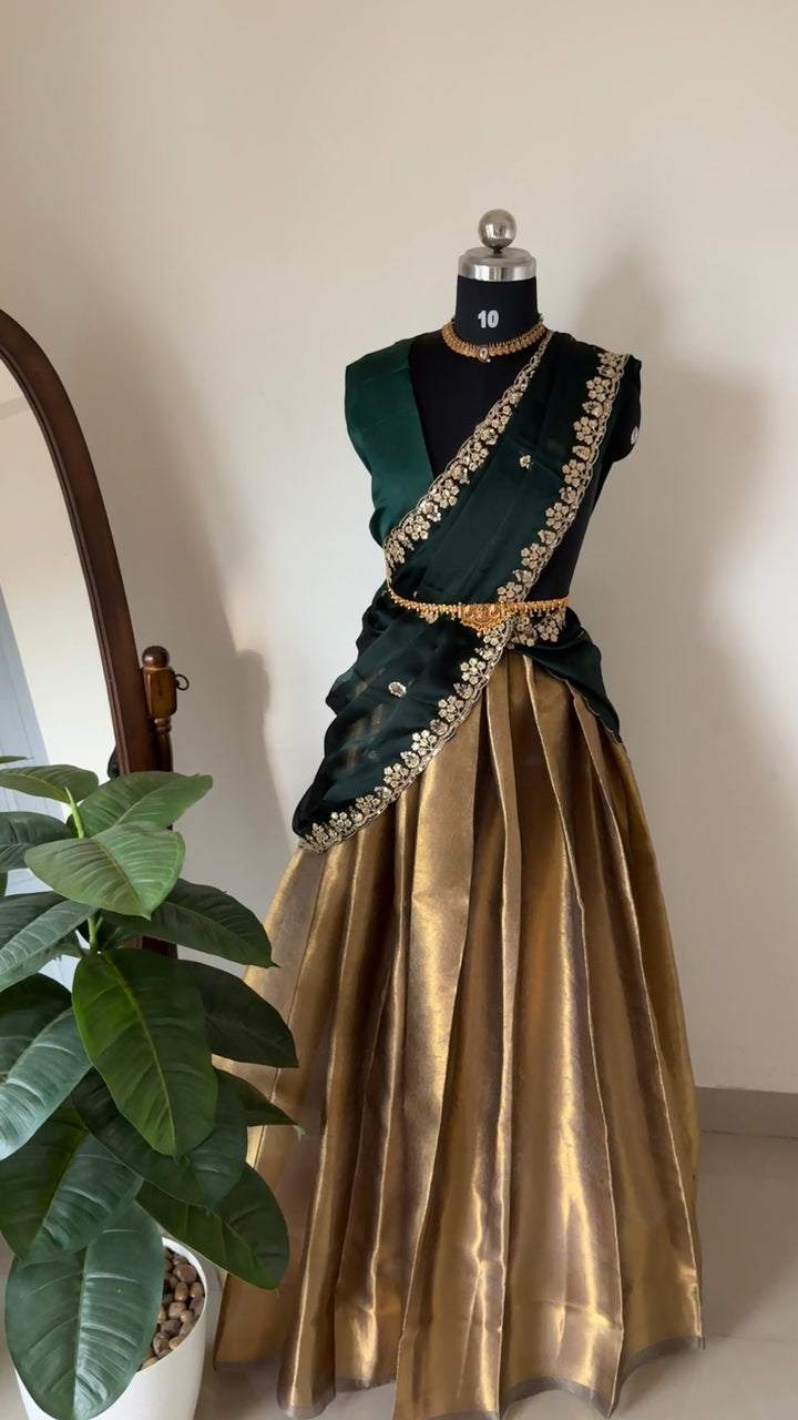 Unstitched half saree material ( antique with deep green)