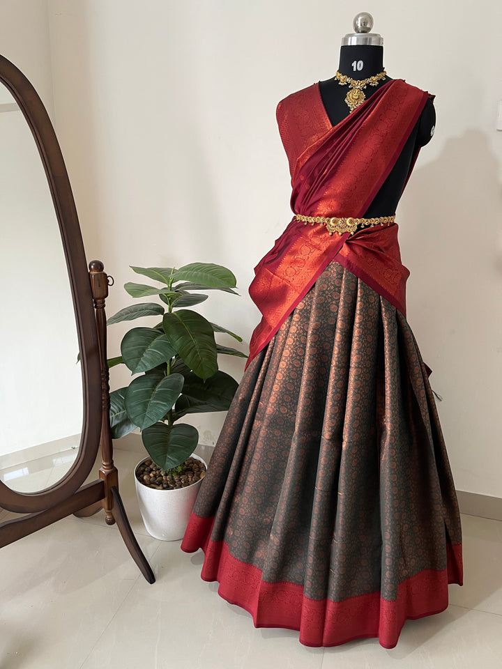 Unstitched premium half saree material(bottle green with reddish maroon)