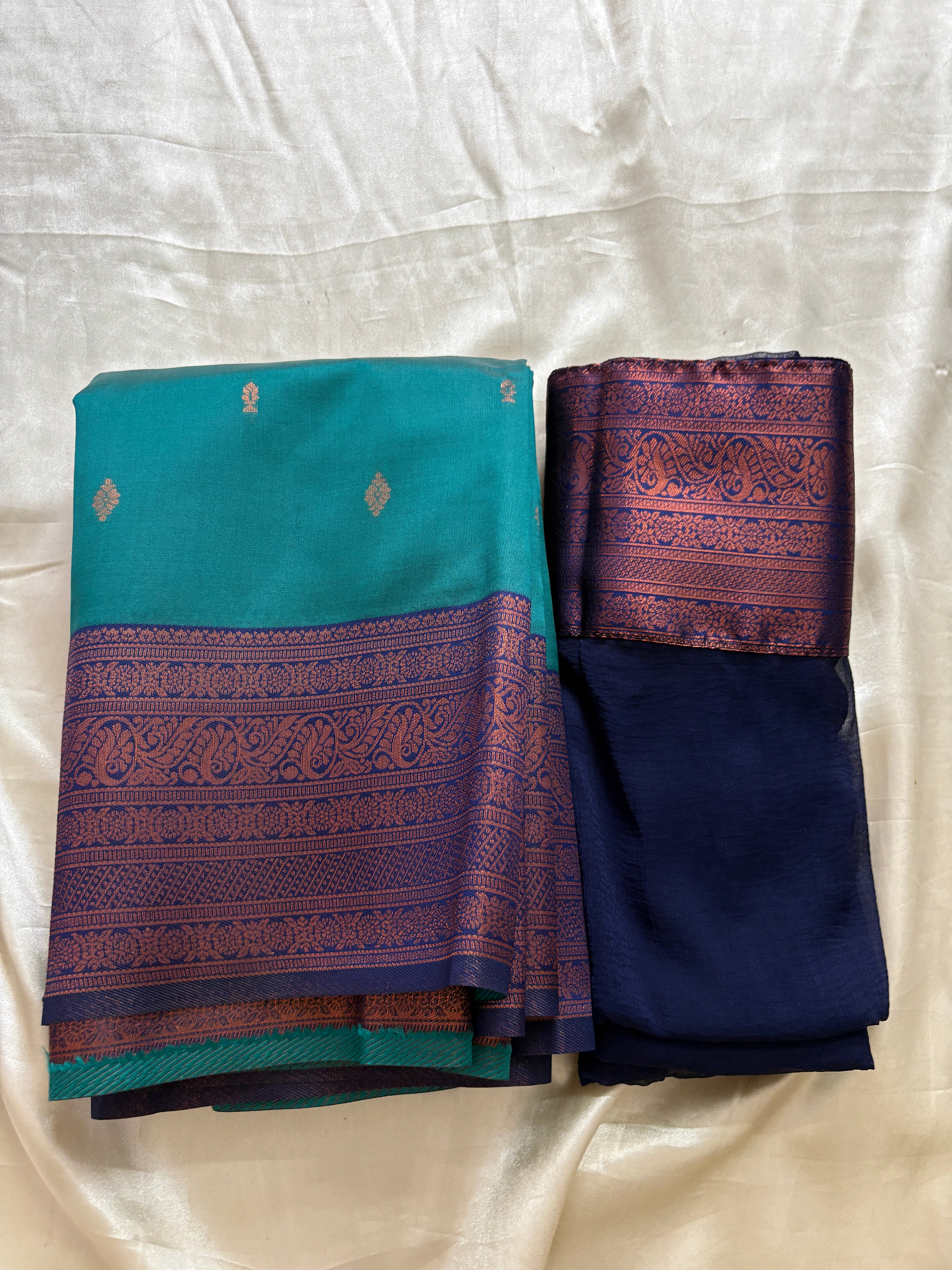 Unstitched premium half saree material peacock blue with navy  (KR72)