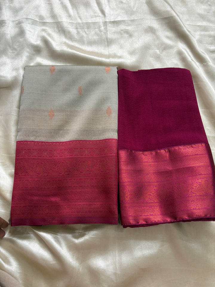 Unstitched premium half saree material grey with magenta pink(KR74)