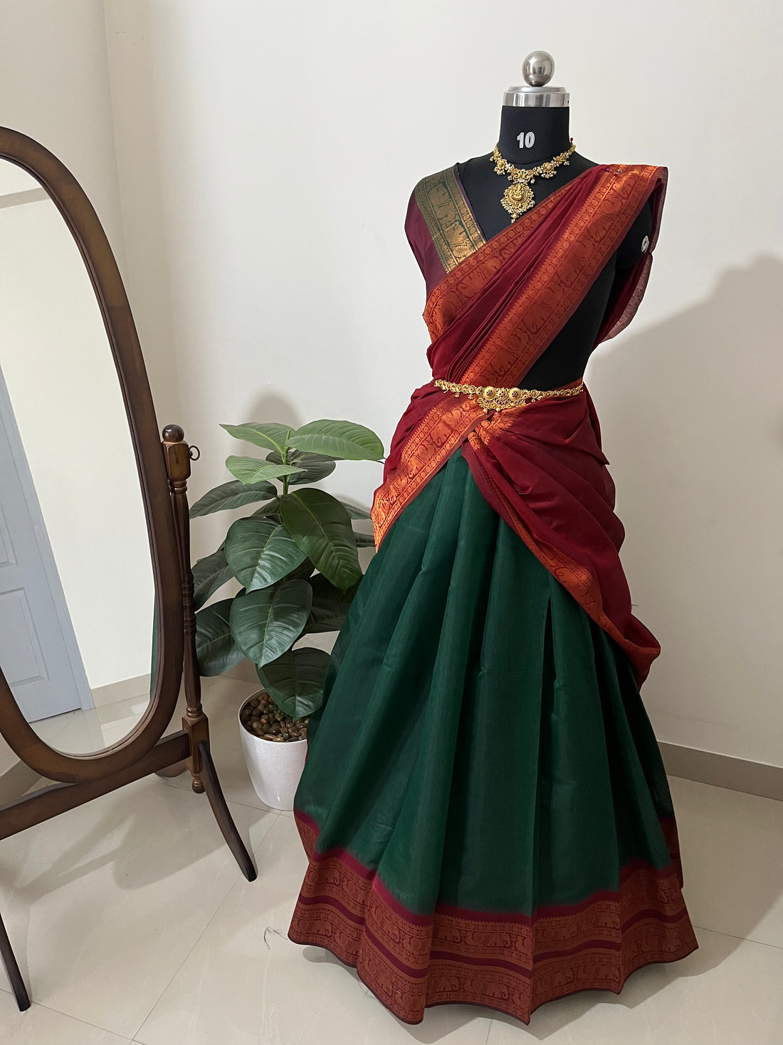 Unstitched semi Kanchi cotton half saree material(bottle green with maroon) (KR36)