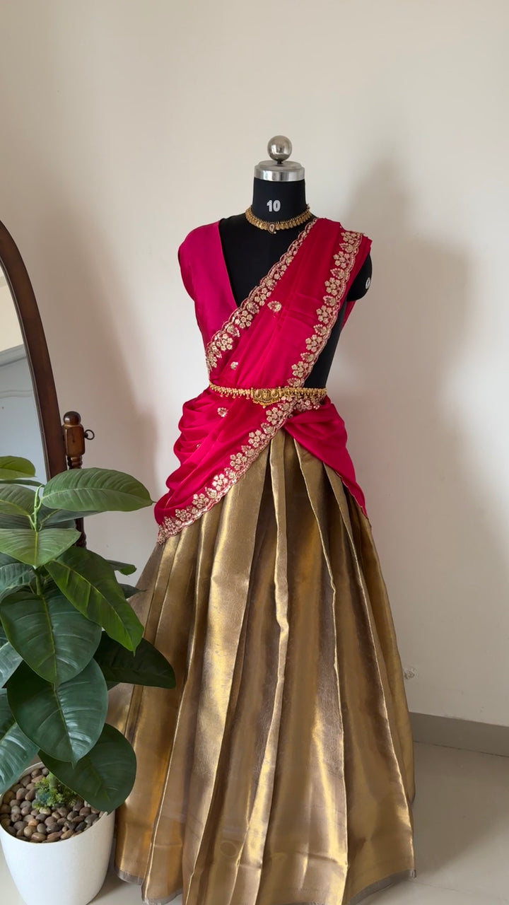 Unstitched half saree material ( antique with pink )