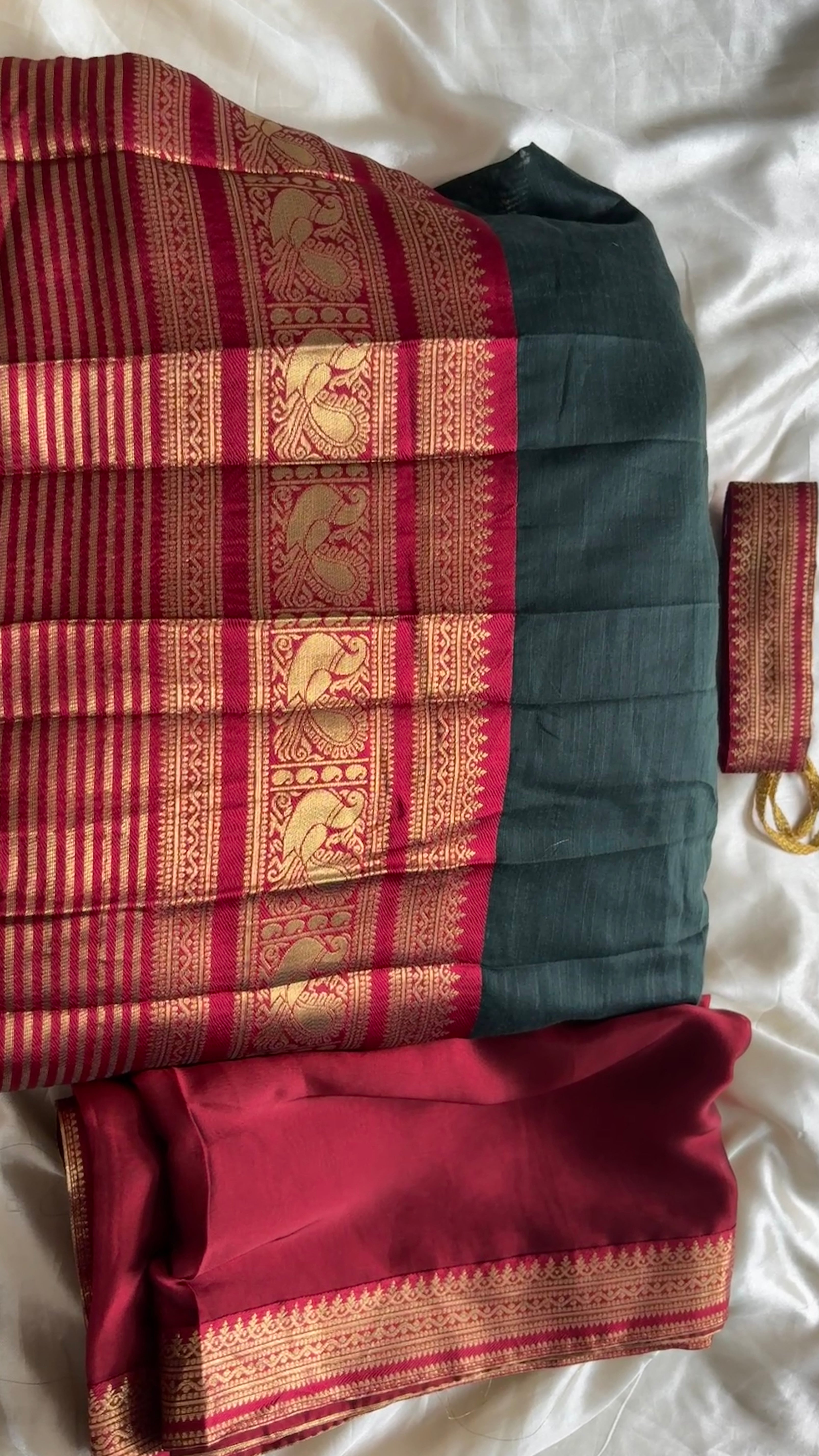 Kanchi cotton Semi stitched half saree (bottle green with reddish maroon)