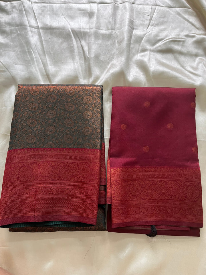 Unstitched premium half saree material(bottle green with reddish maroon)