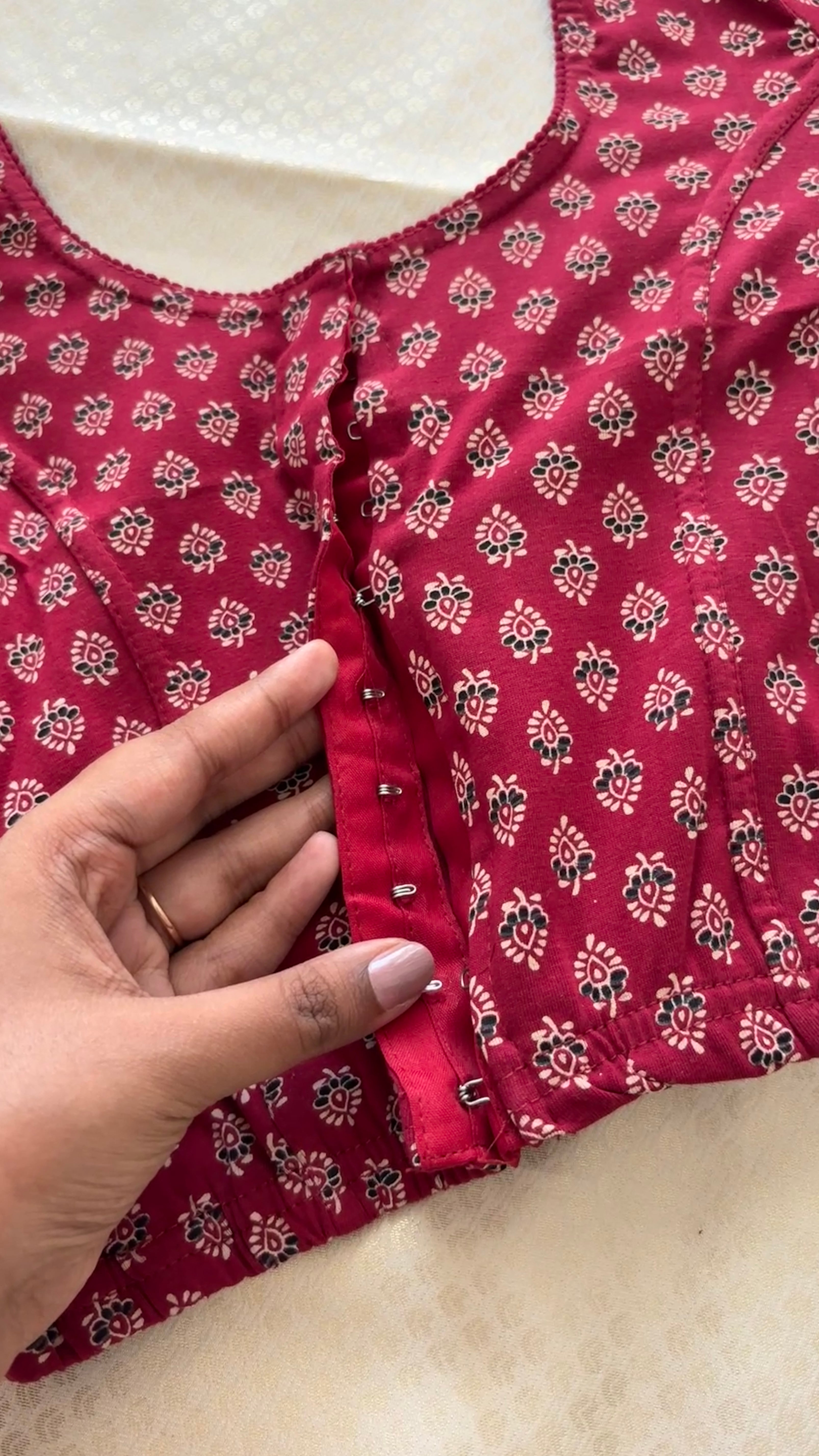 Kalamkari Ajrak printed stretchable blouse reddish maroon XL( full sleeve )