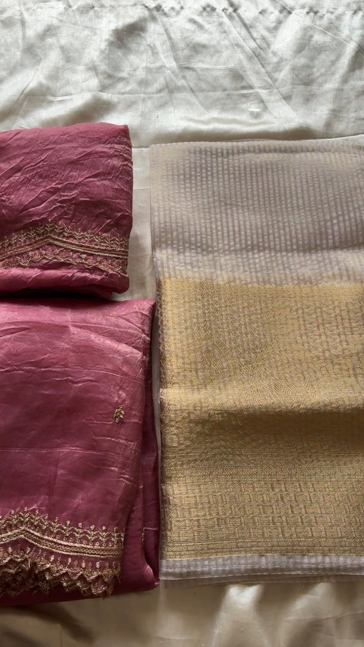 Unstitched half saree material(onion pink)