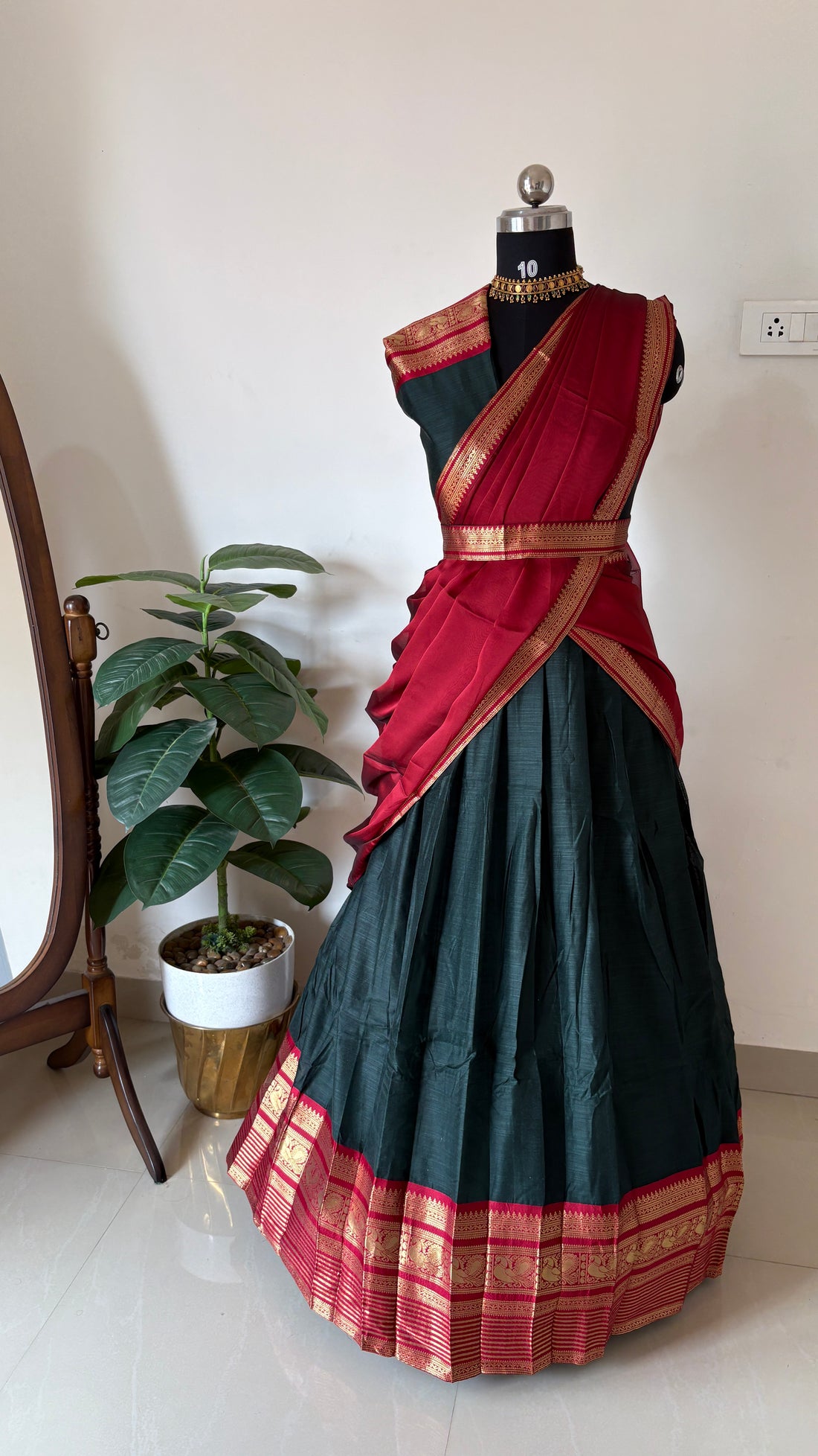 Kanchi cotton Semi stitched half saree (bottle green with reddish maroon)