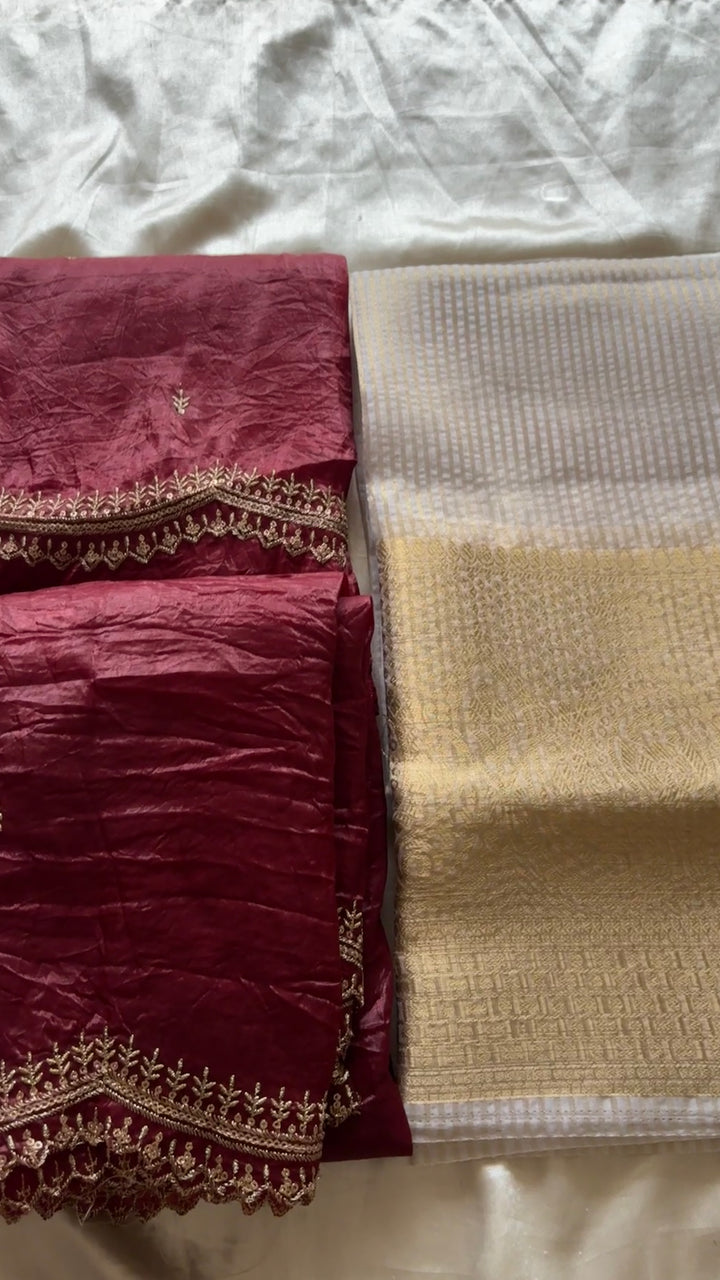 Unstitched half saree material(maroon)
