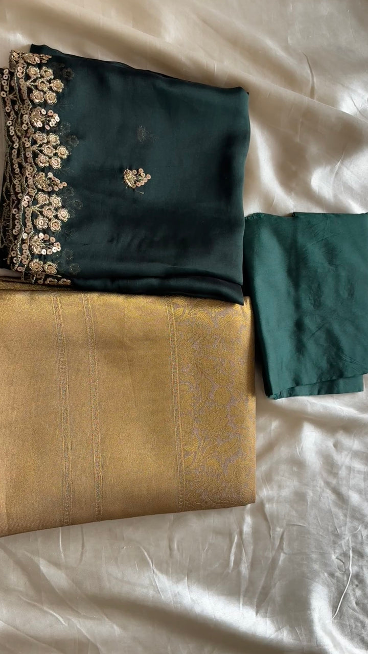 Unstitched half saree material ( antique with deep green)