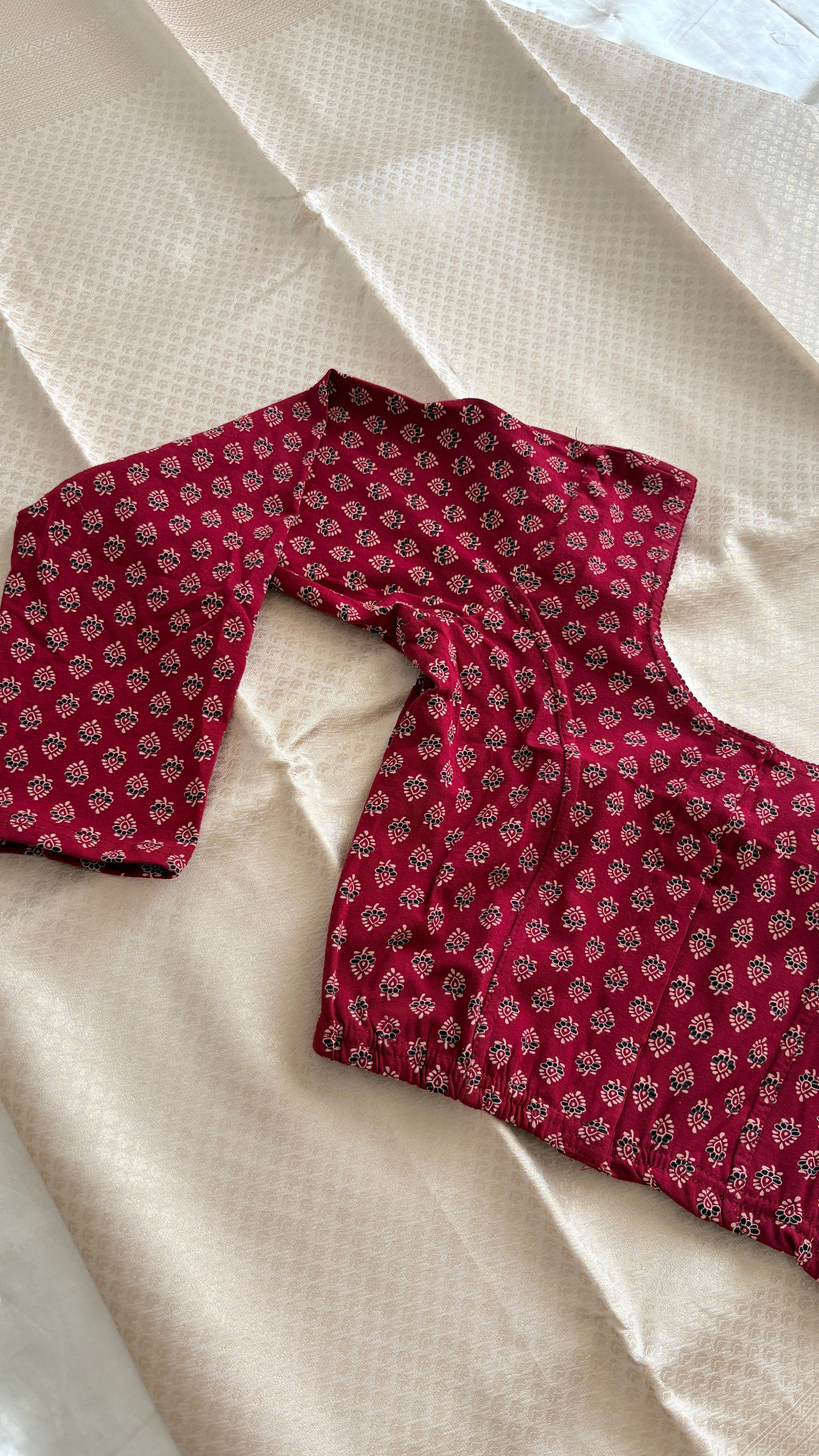 Kalamkari Ajrak printed stretchable blouse reddish maroon XL( full sleeve )