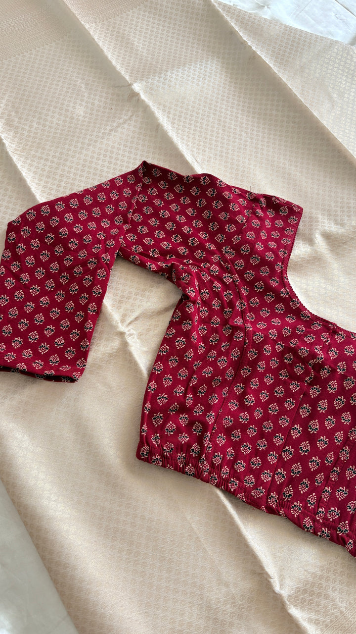 Kalamkari Ajrak printed stretchable blouse reddish maroon XL( full sleeve )