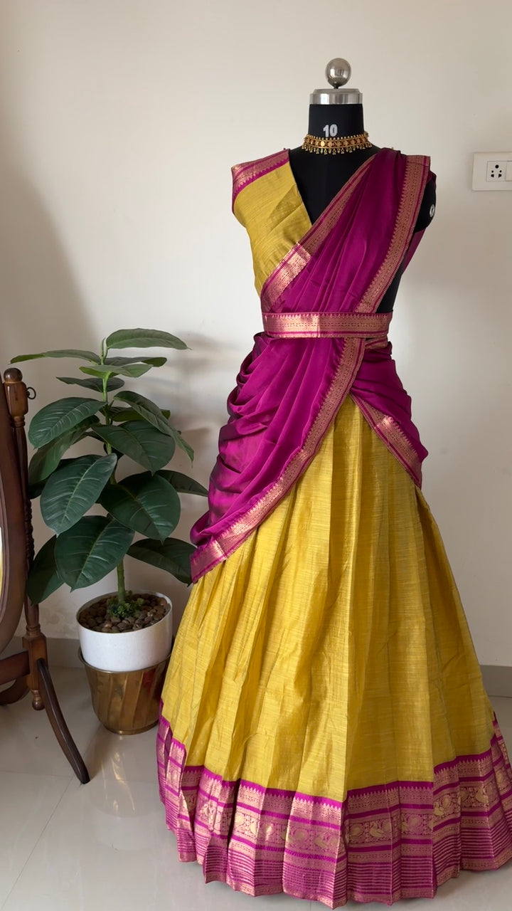 Kanchi cotton Semi stitched half saree (yellowish green with vadamalli )