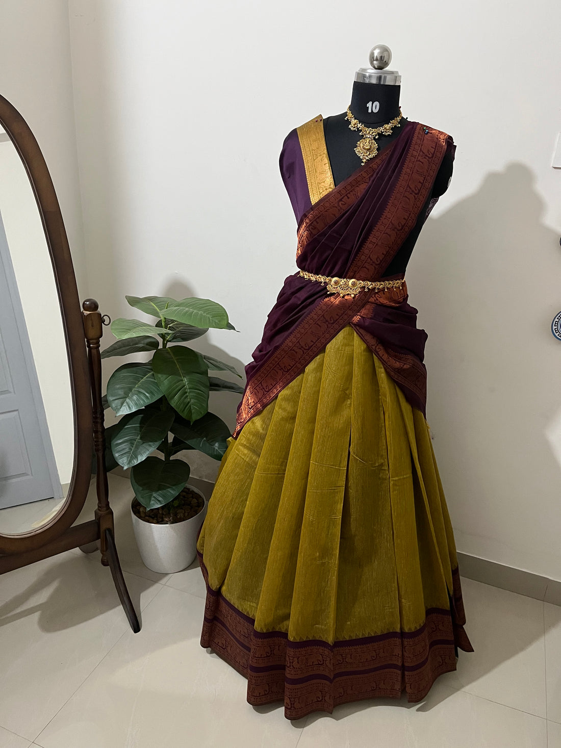 Unstitched semi Kanchi cotton  half saree material(olive green with purple) (KR34)