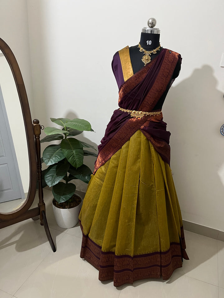 Unstitched semi Kanchi cotton  half saree material(olive green with purple) (KR34)