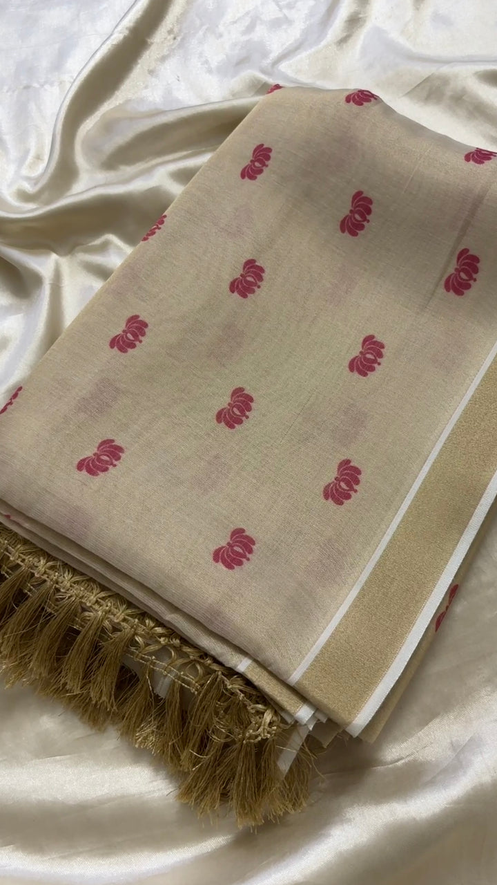 Soft cotton tissue mix lotus motif saree Kr65