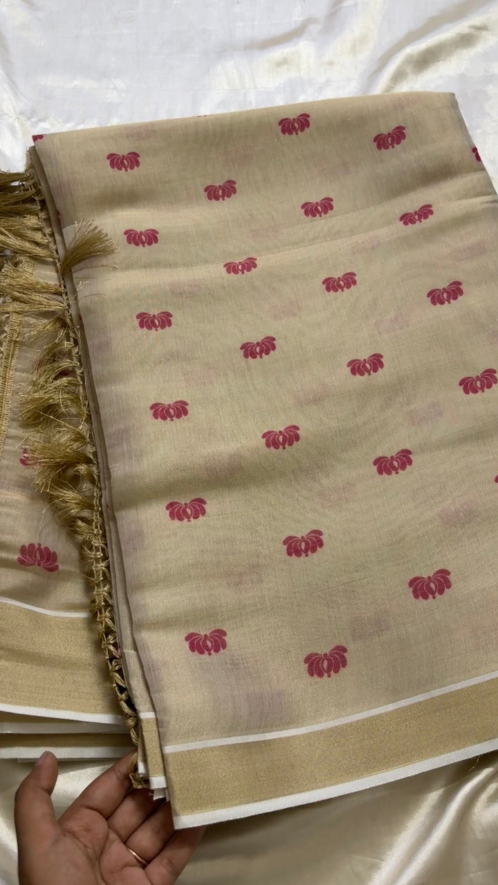 Soft cotton tissue mix lotus motif saree Kr65