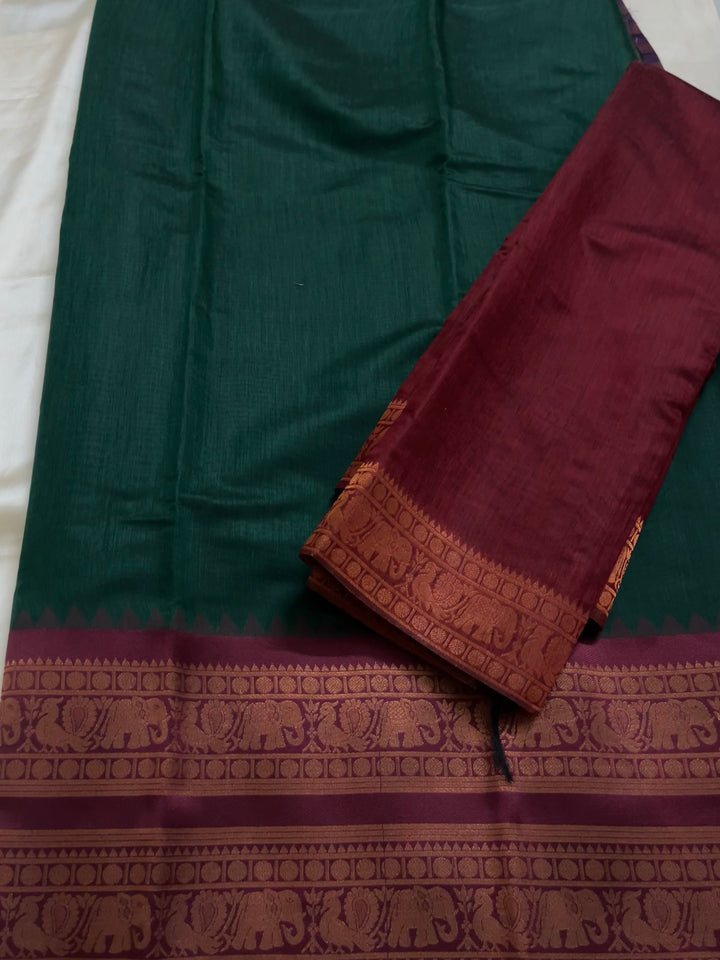 Unstitched semi Kanchi cotton half saree material(bottle green with maroon) (KR36)