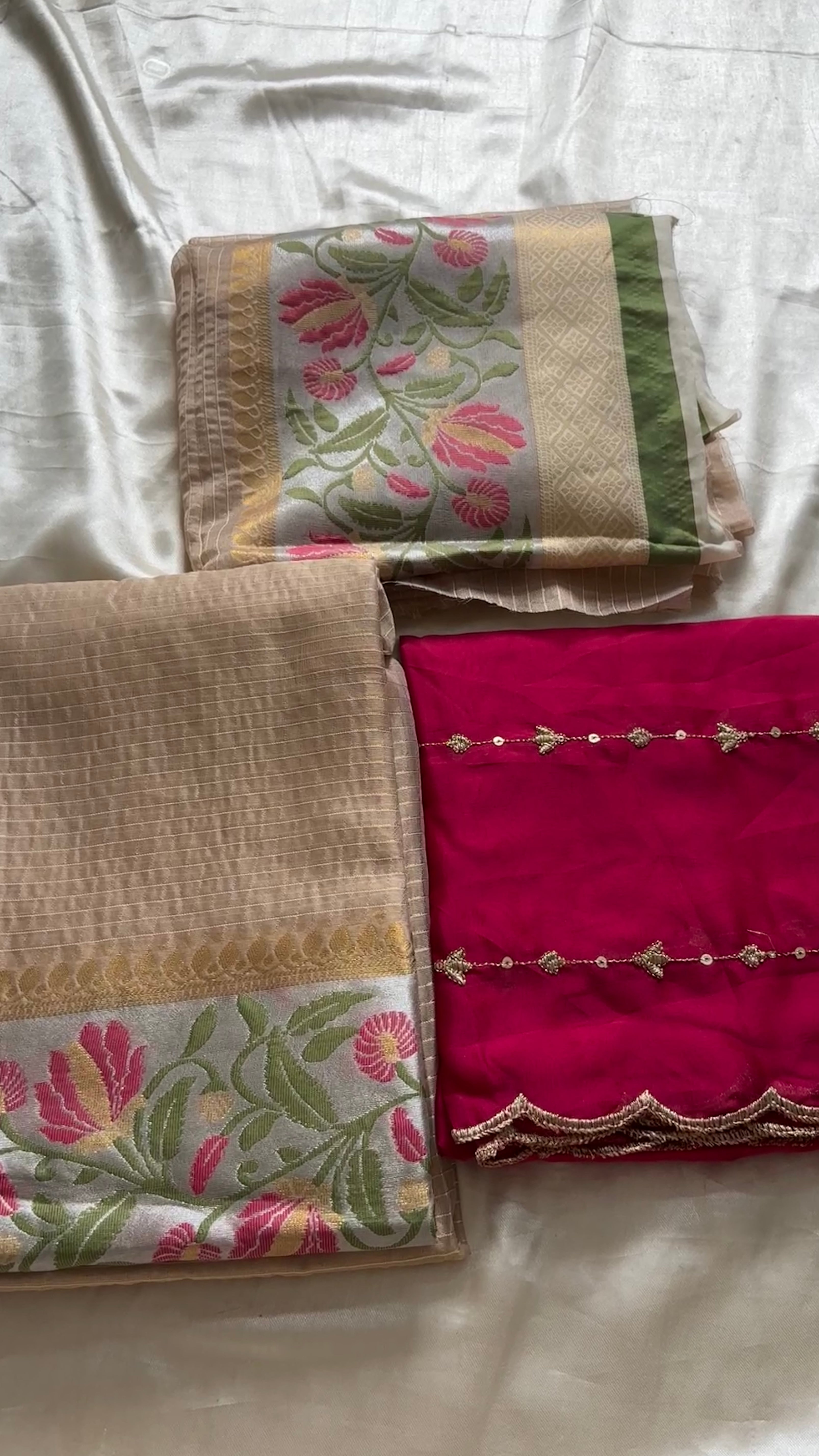 Unstitched half saree material golden beige with pink