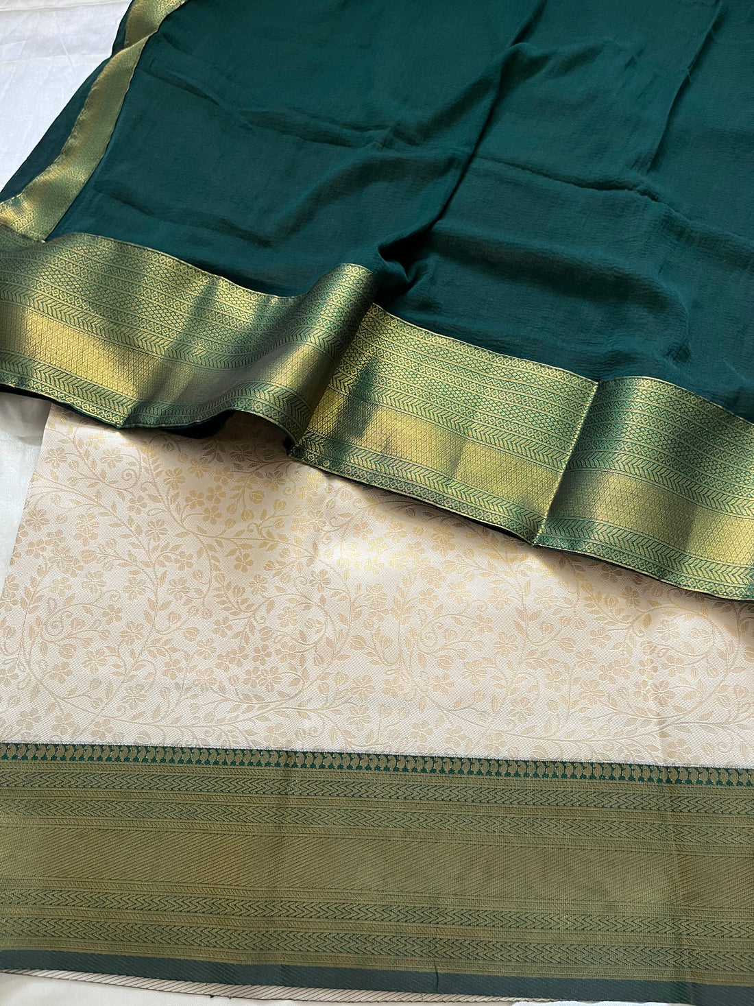 Unstitched premium half saree material(bottle green)
