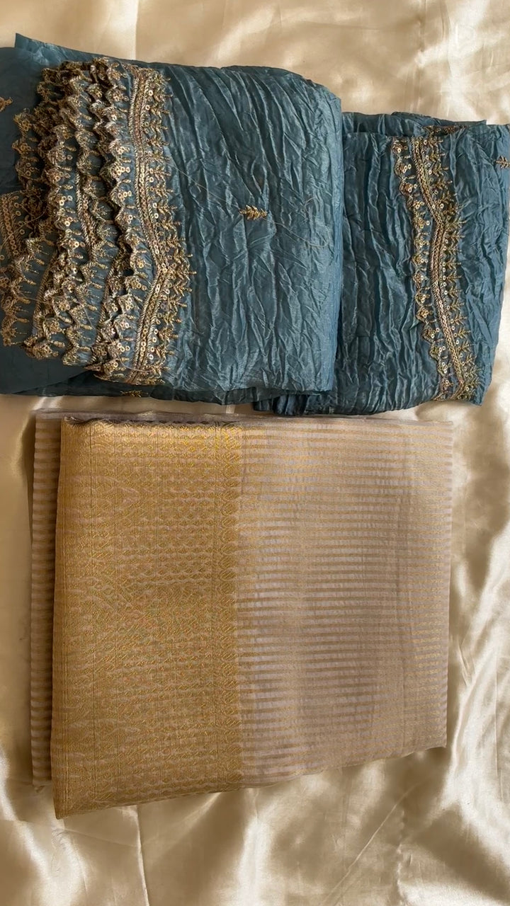 Unstitched half saree material(steel blue) KR 13