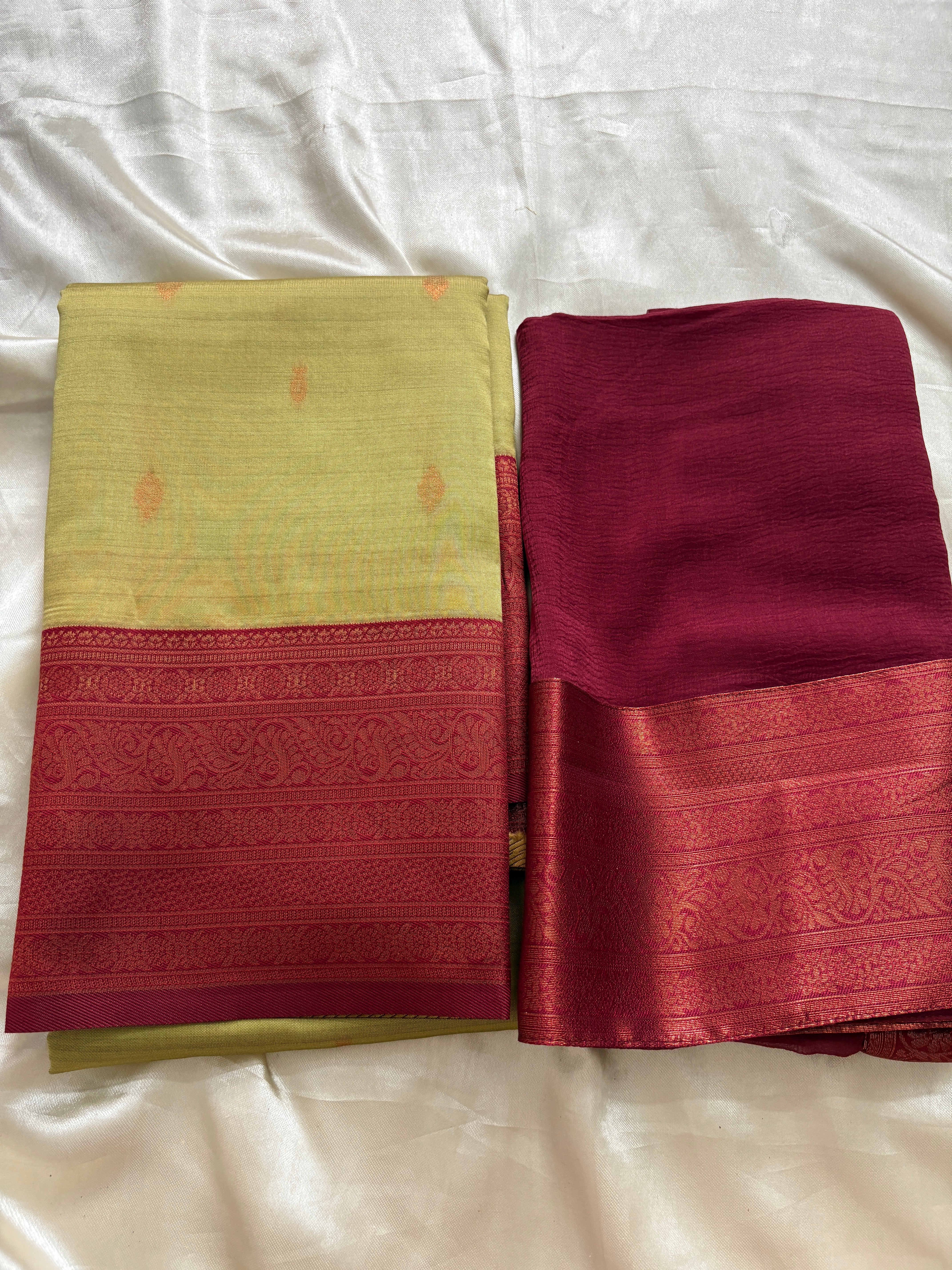 Unstitched premium half saree material pale yellow with maroon(KR75)