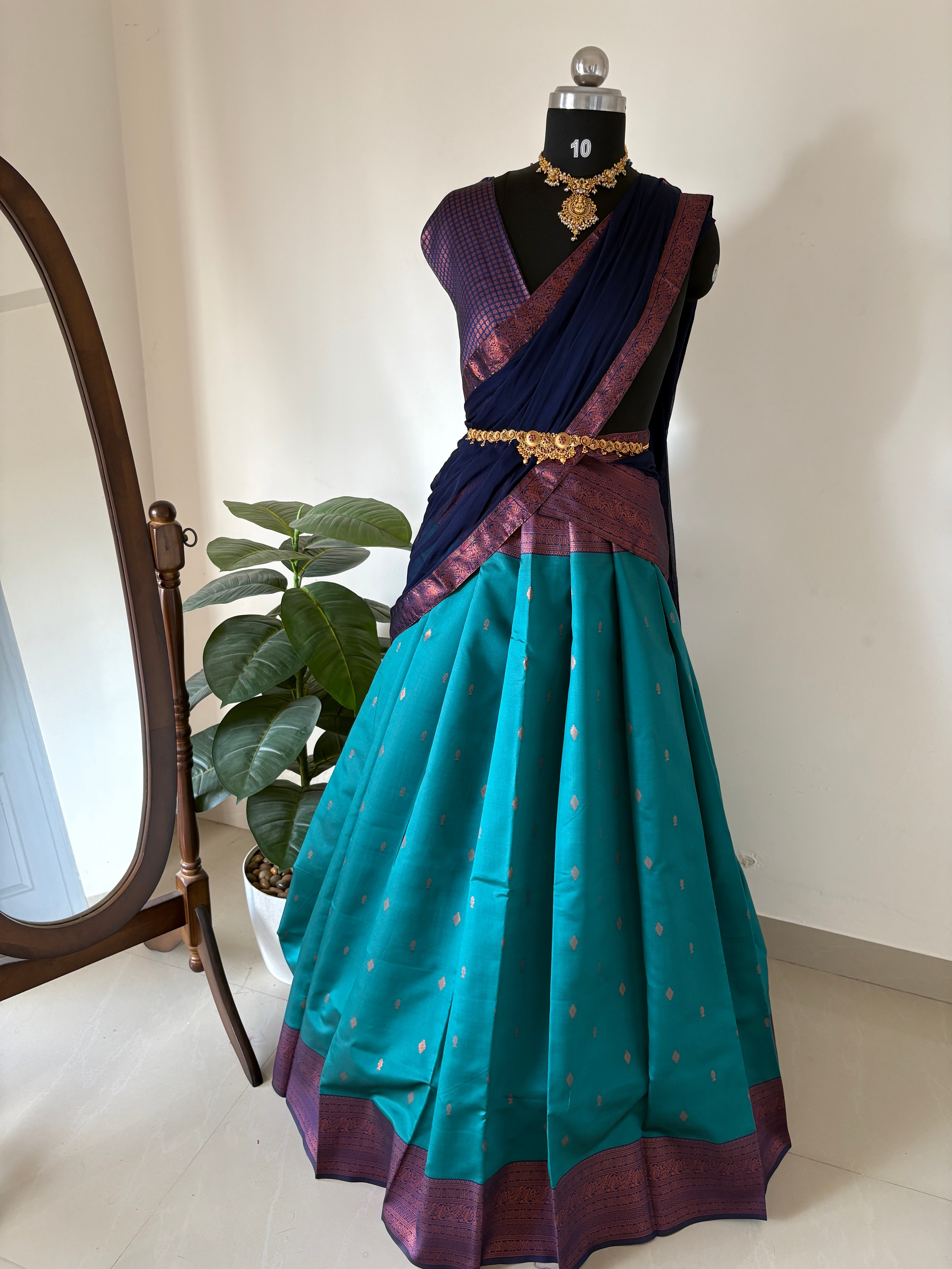 Unstitched premium half saree material peacock blue with navy  (KR72)